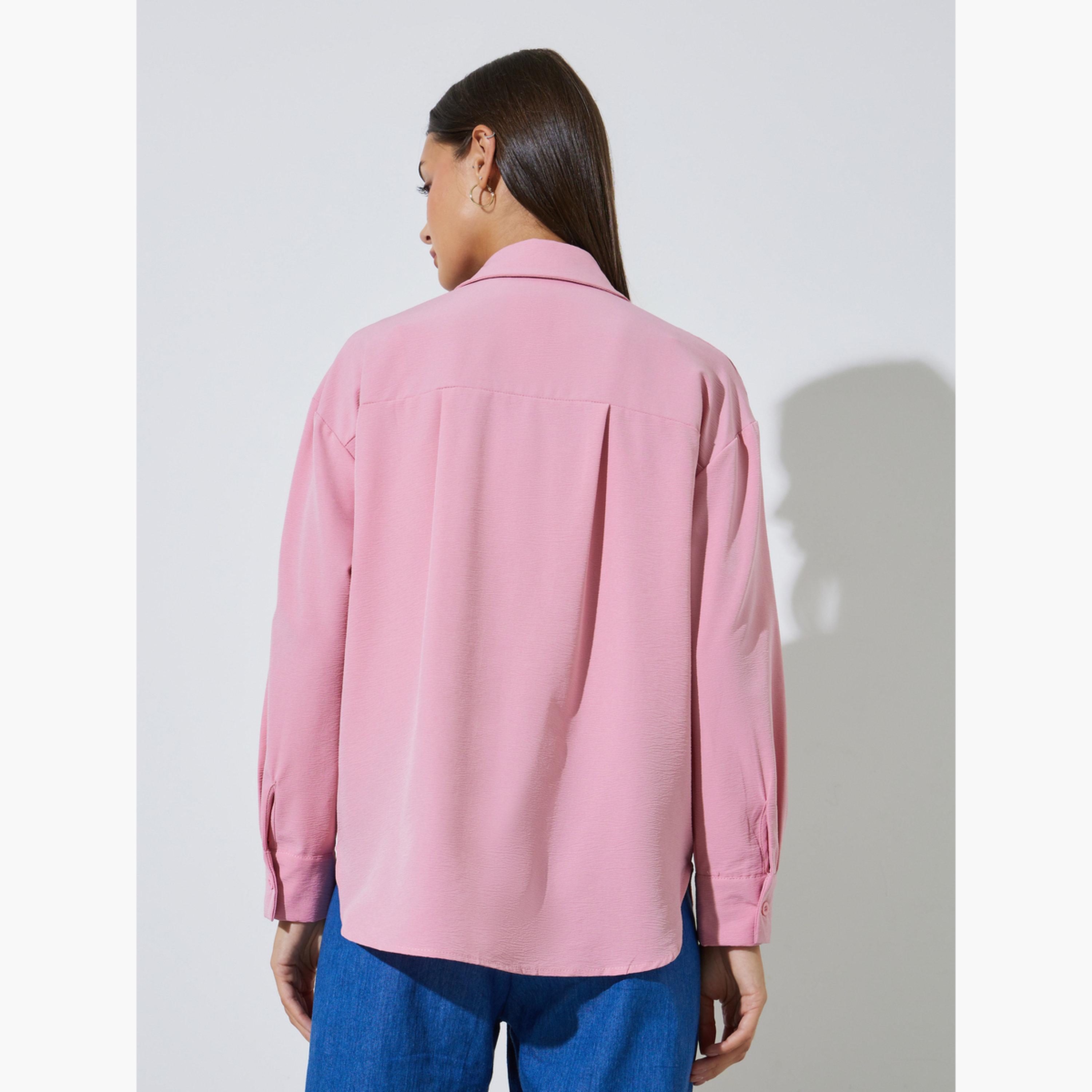 Styli Pink Solid Longline Oversized Shirt with Smocked Top-women-clothing-shirtsandblouses-shirts-image-4