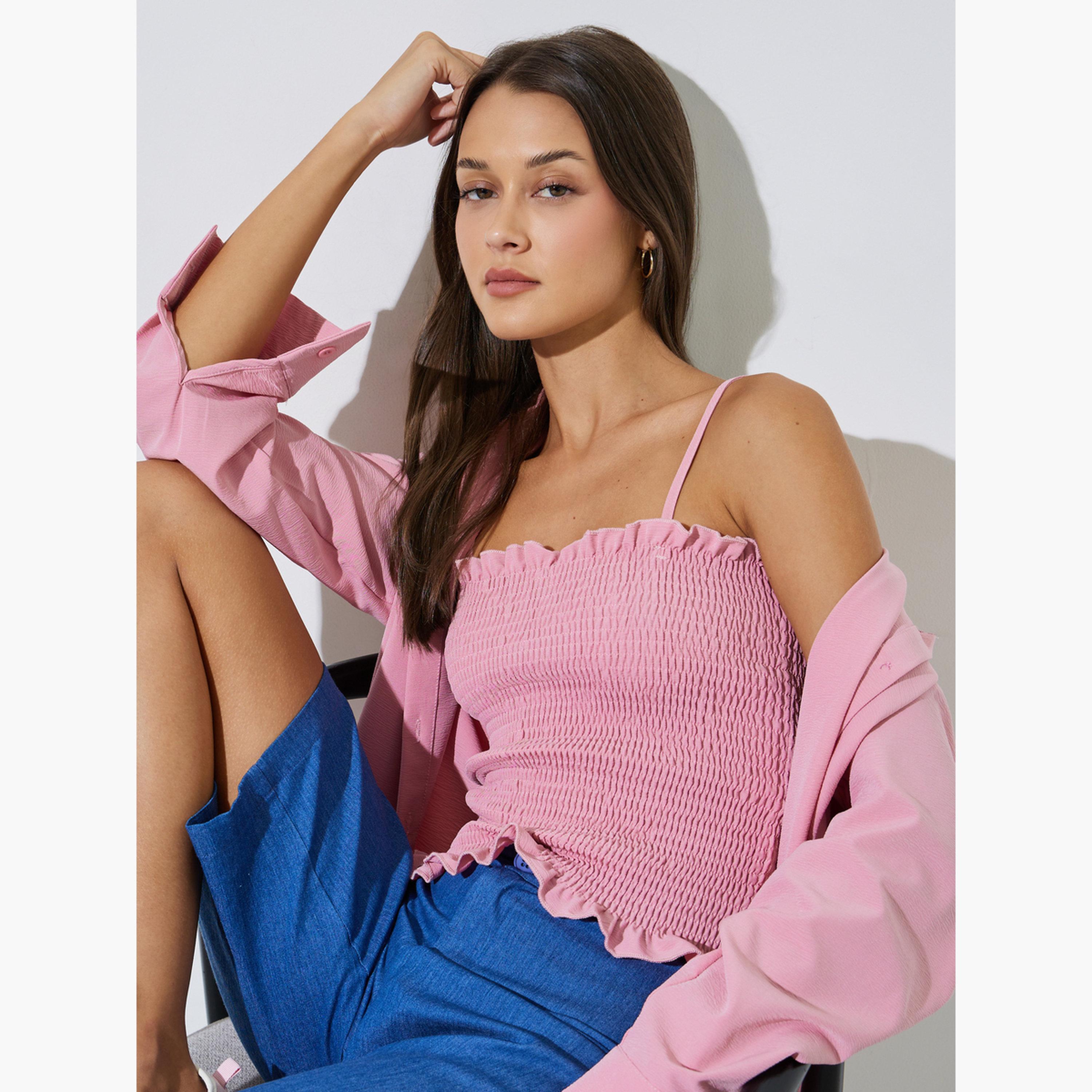 Styli Pink Solid Longline Oversized Shirt with Smocked Top-women-clothing-shirtsandblouses-shirts-image-5