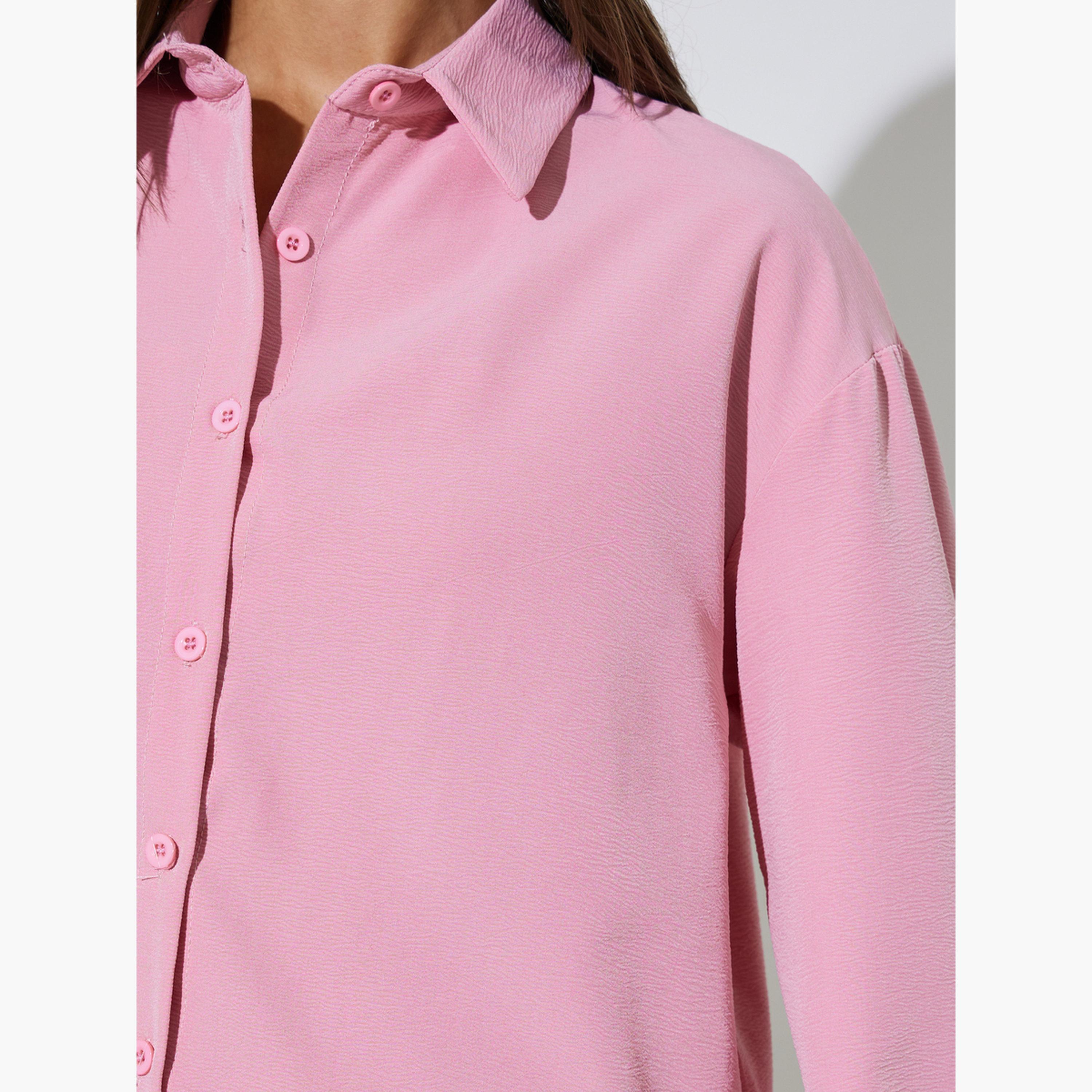 Styli Pink Solid Longline Oversized Shirt with Smocked Top-women-clothing-shirtsandblouses-shirts-image-6