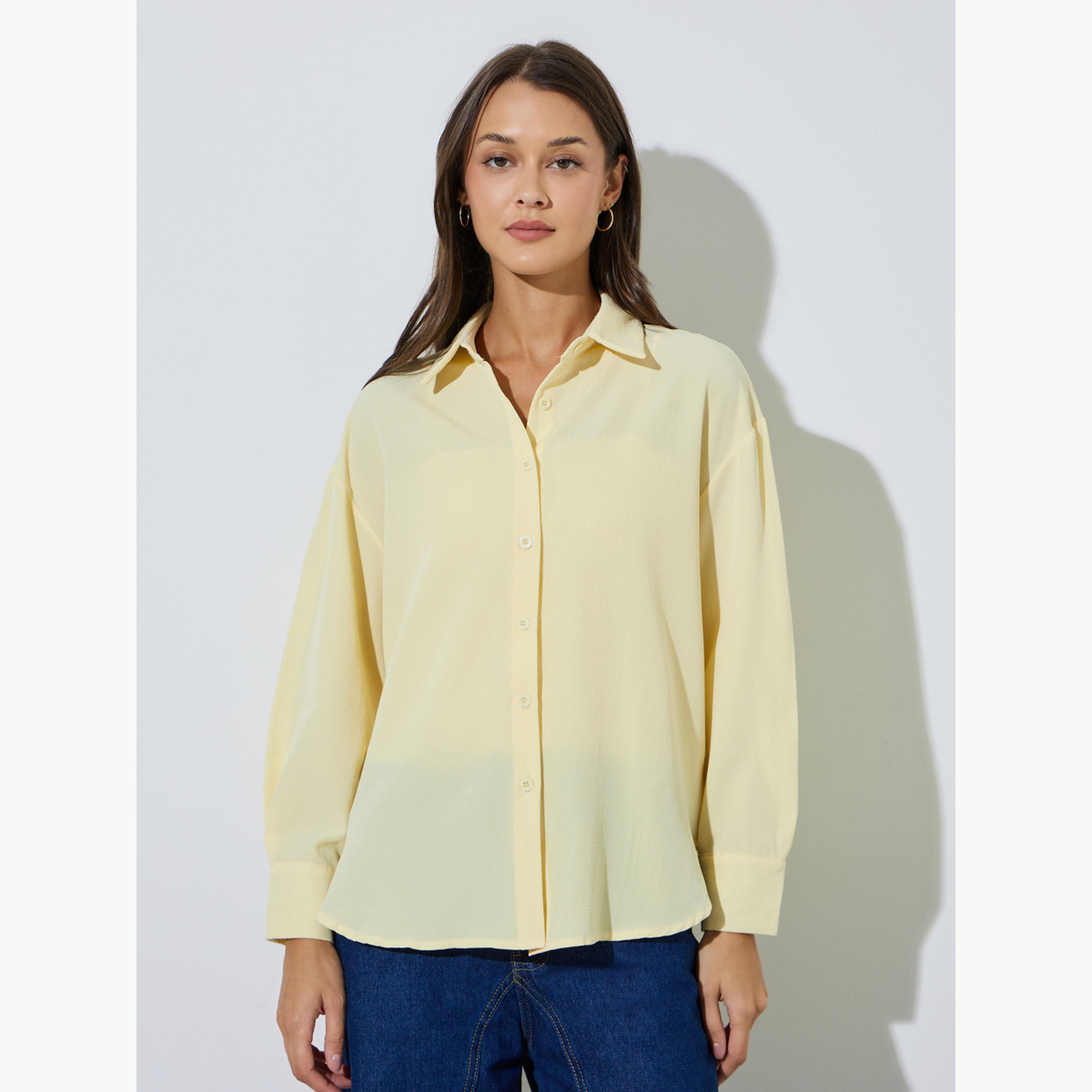 Styli Yellow Solid Longline Oversized Shirt with Smocked Top-women-clothing-shirtsandblouses-shirts-image-1