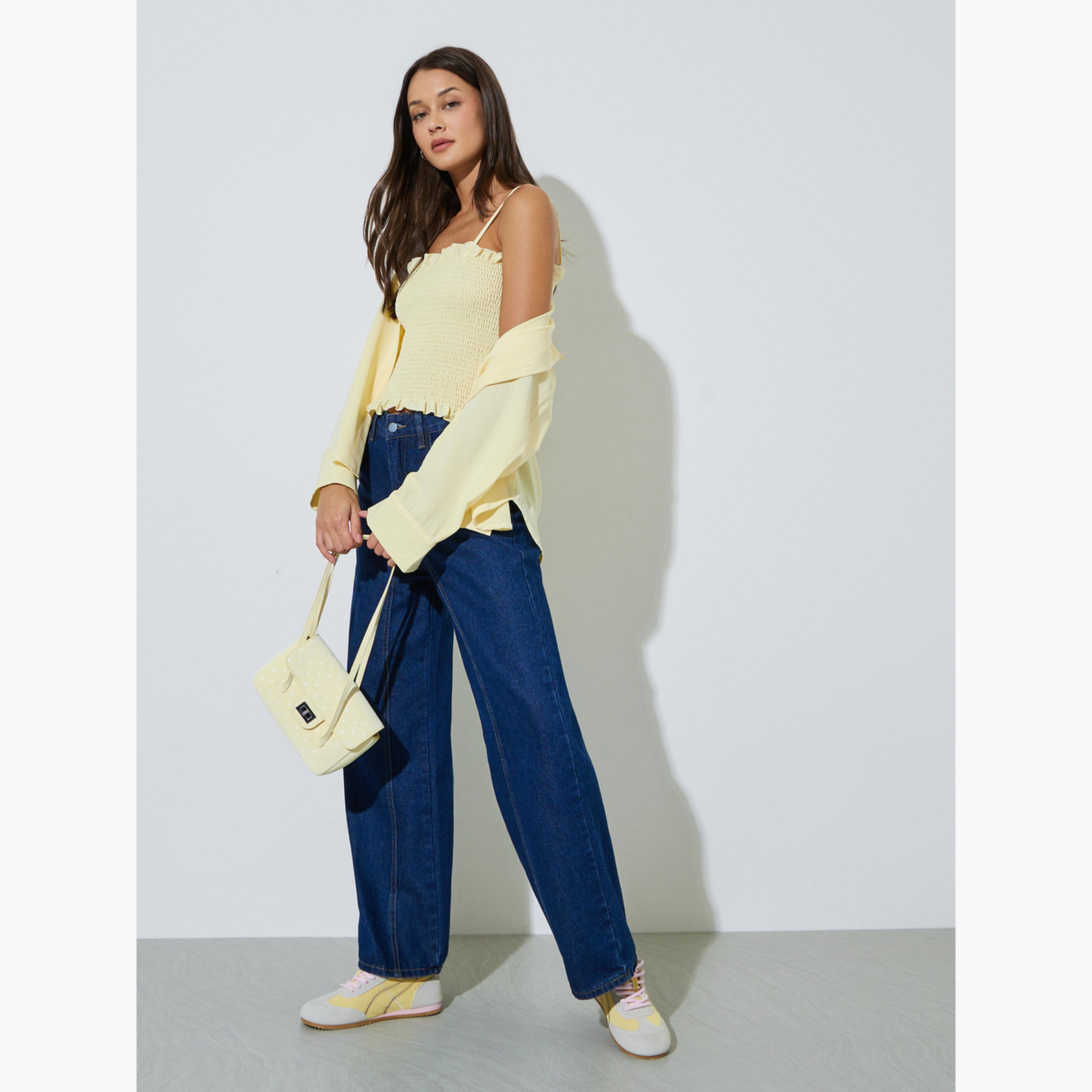 Styli Yellow Solid Longline Oversized Shirt with Smocked Top-women-clothing-shirtsandblouses-shirts-image-2