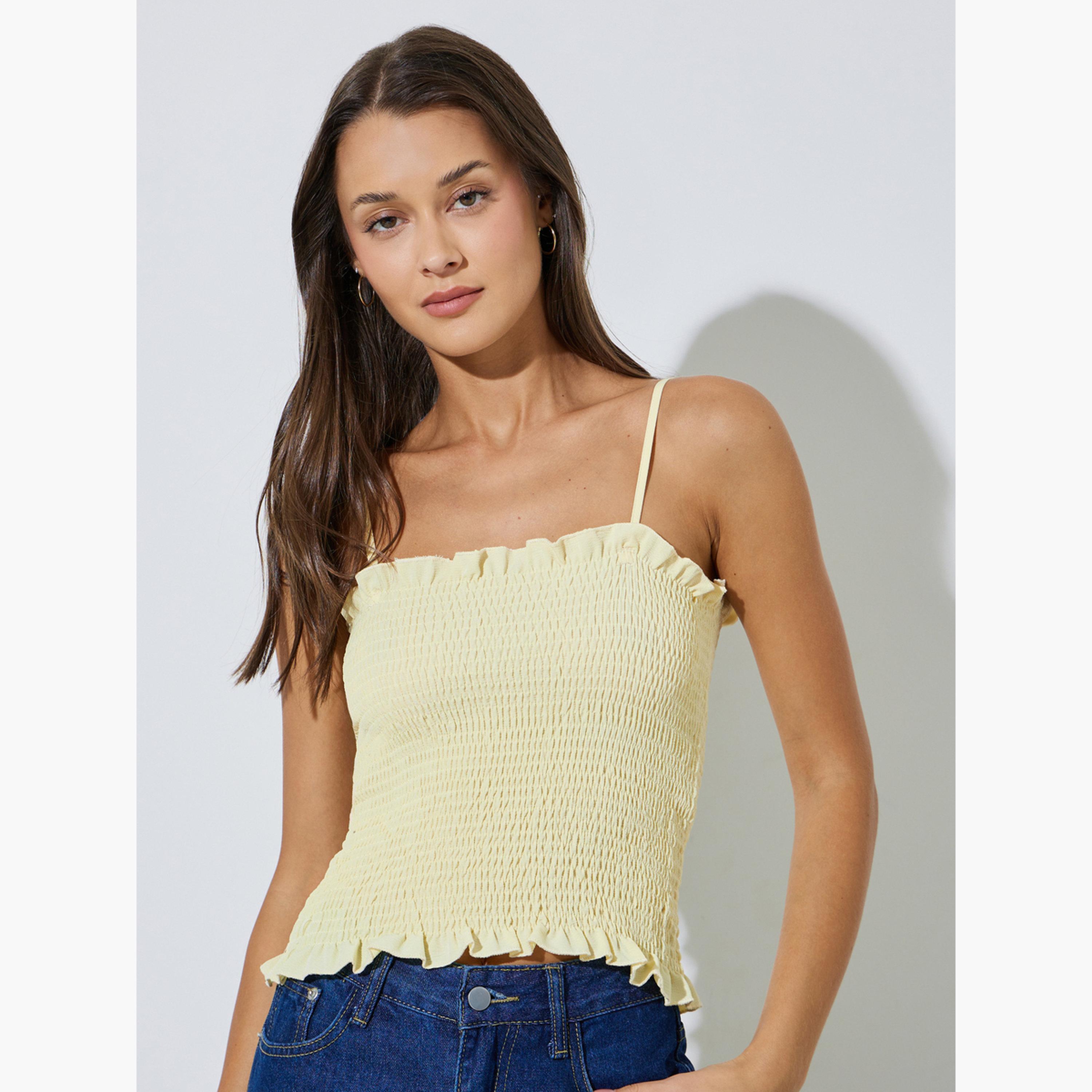 Styli Yellow Solid Longline Oversized Shirt with Smocked Top-women-clothing-shirtsandblouses-shirts-image-3