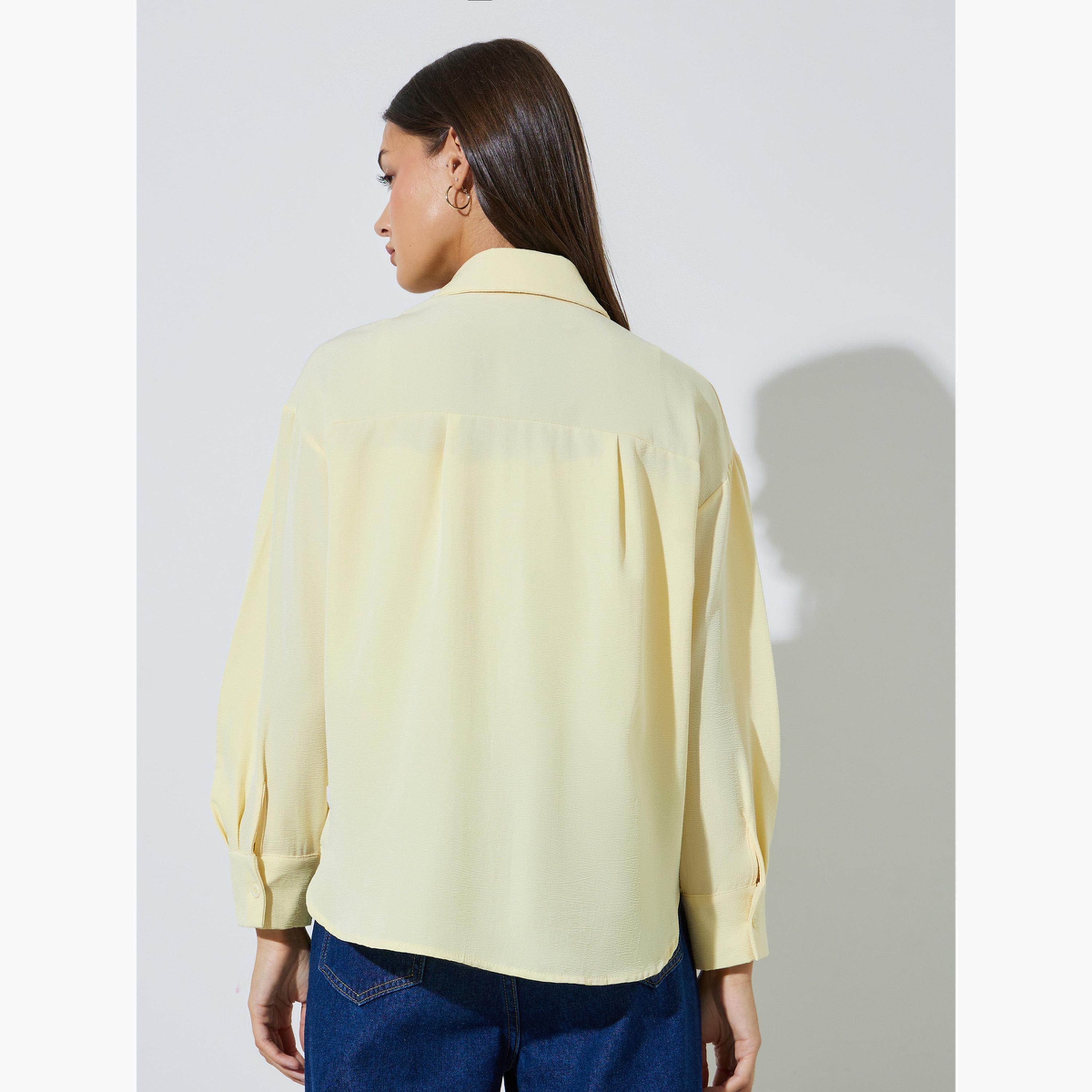 Styli Yellow Solid Longline Oversized Shirt with Smocked Top-women-clothing-shirtsandblouses-shirts-image-4
