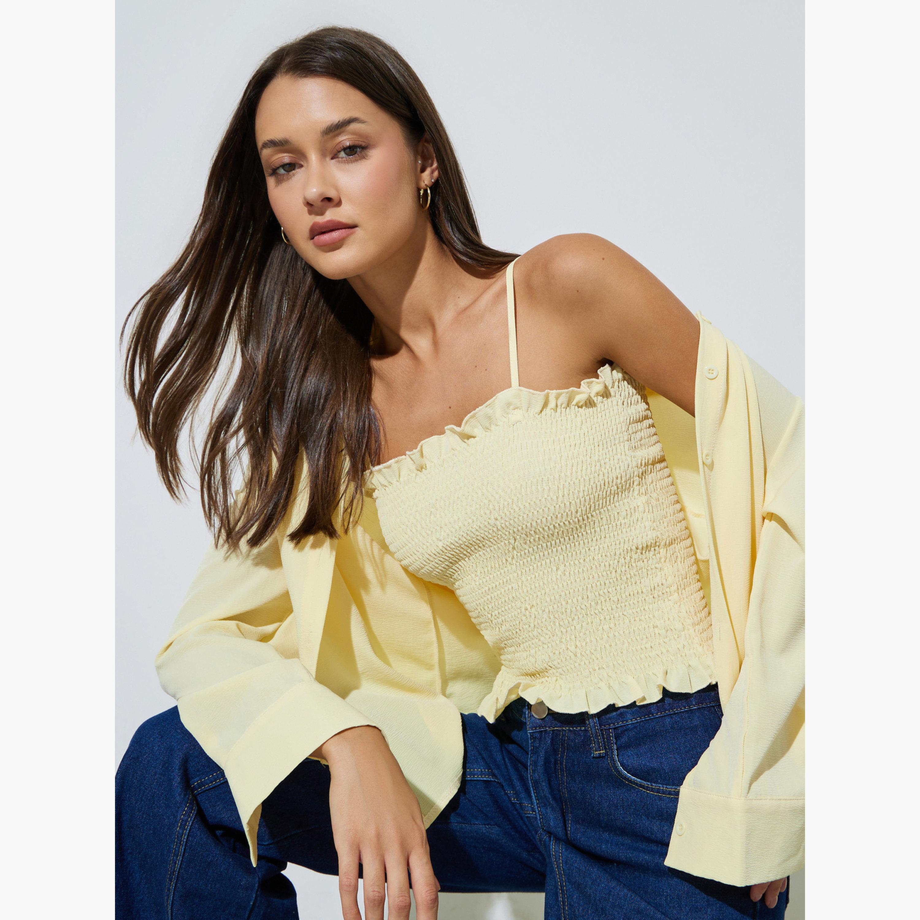 Styli Yellow Solid Longline Oversized Shirt with Smocked Top-women-clothing-shirtsandblouses-shirts-image-5