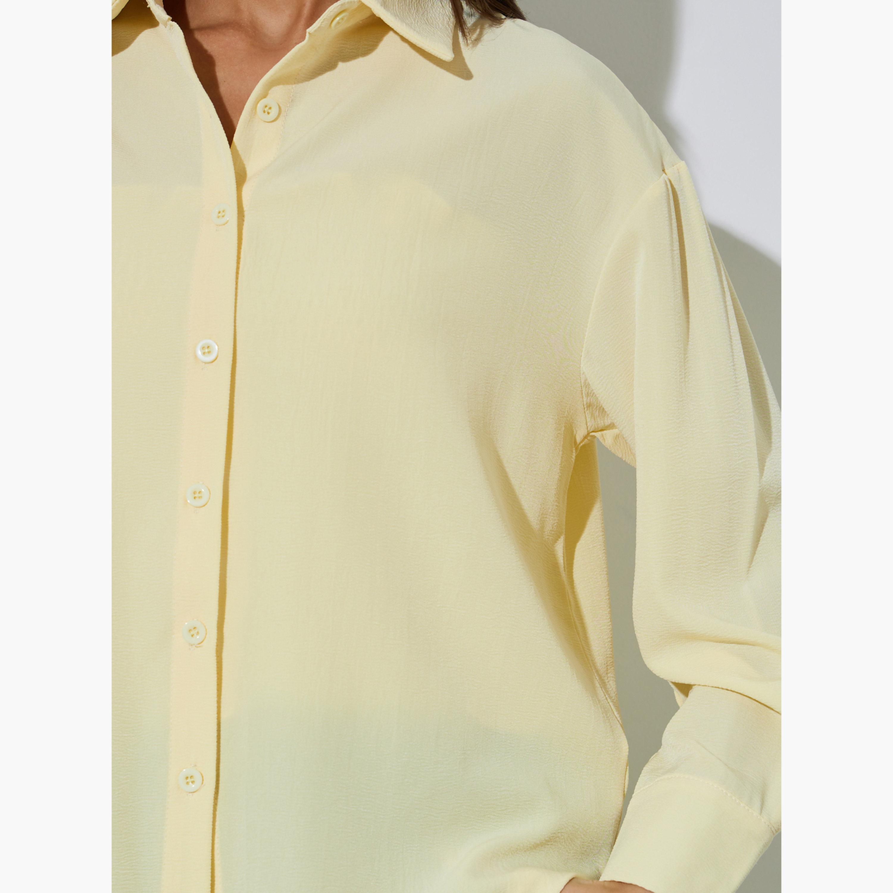 Styli Yellow Solid Longline Oversized Shirt with Smocked Top-women-clothing-shirtsandblouses-shirts-image-6