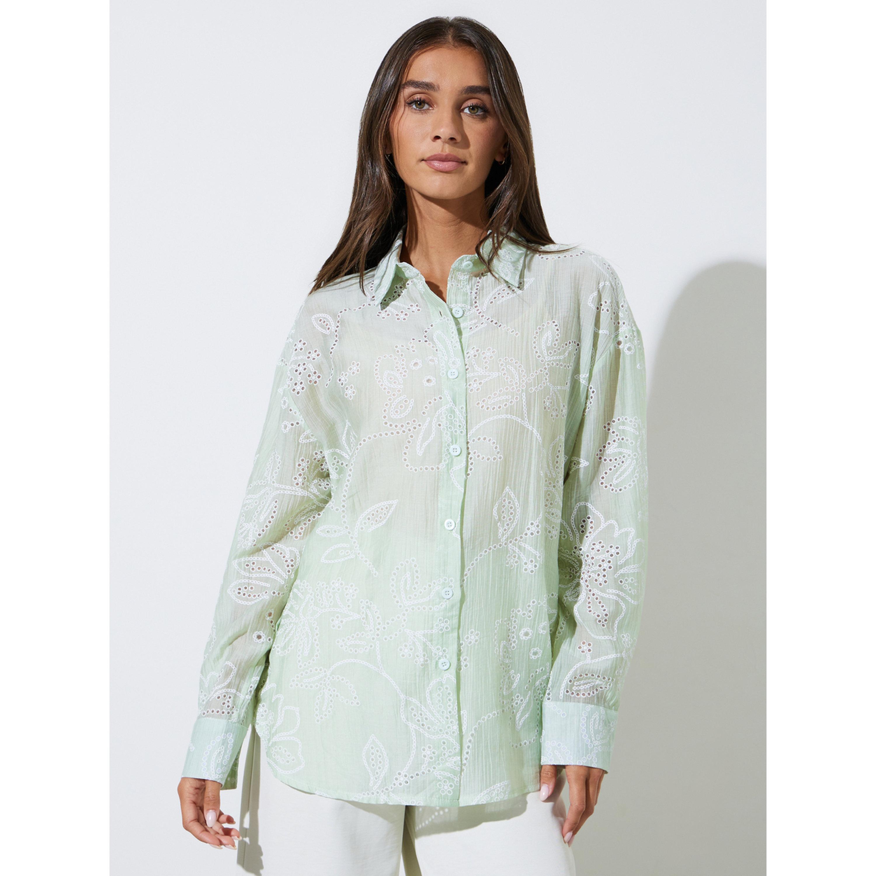 بلوزة واسعة طويلة بتطاريز مفرغة باللون الأخضر النعناعي-women-clothing-shirtsandblouses-shirts-image-1