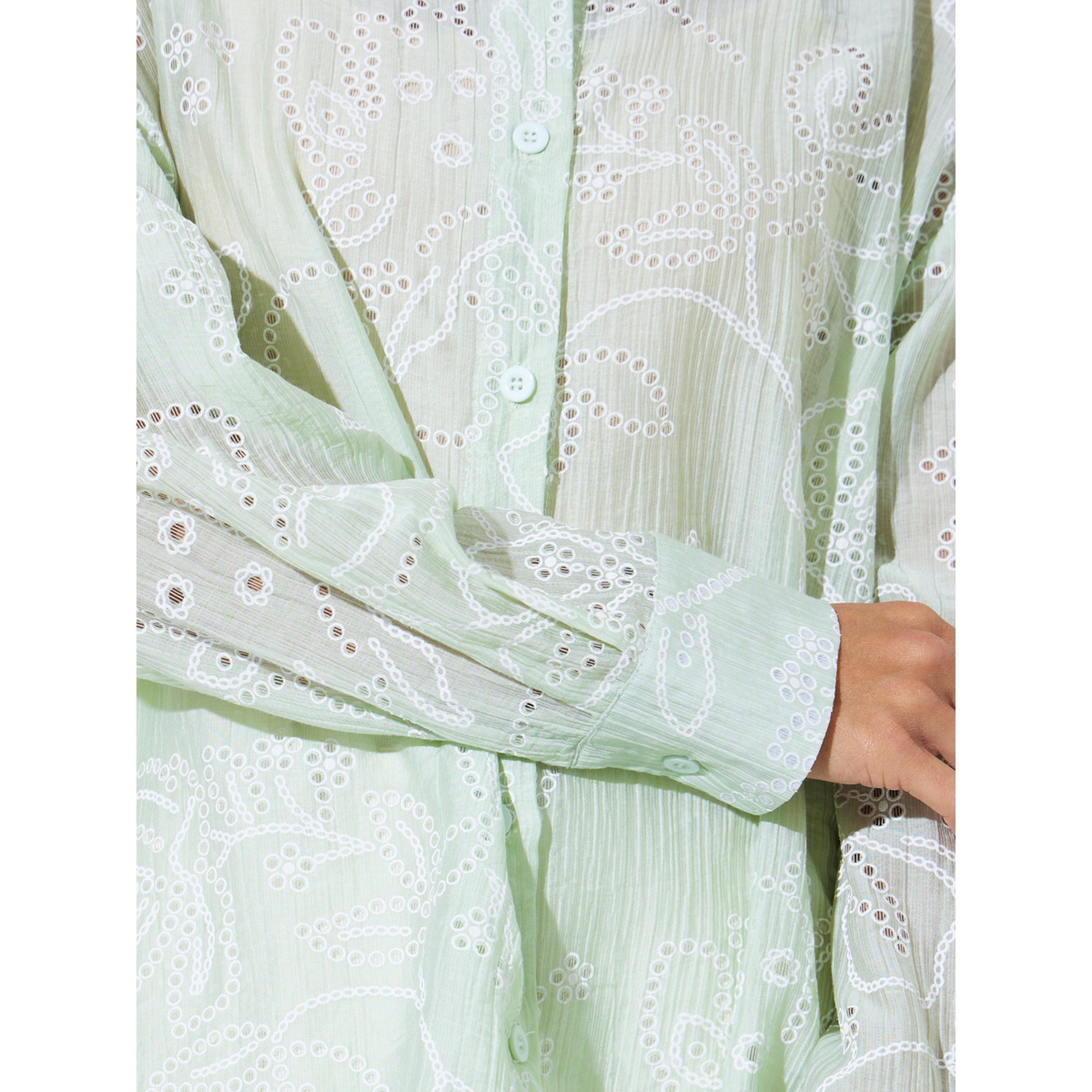 بلوزة واسعة طويلة بتطاريز مفرغة باللون الأخضر النعناعي-women-clothing-shirtsandblouses-shirts-image-5