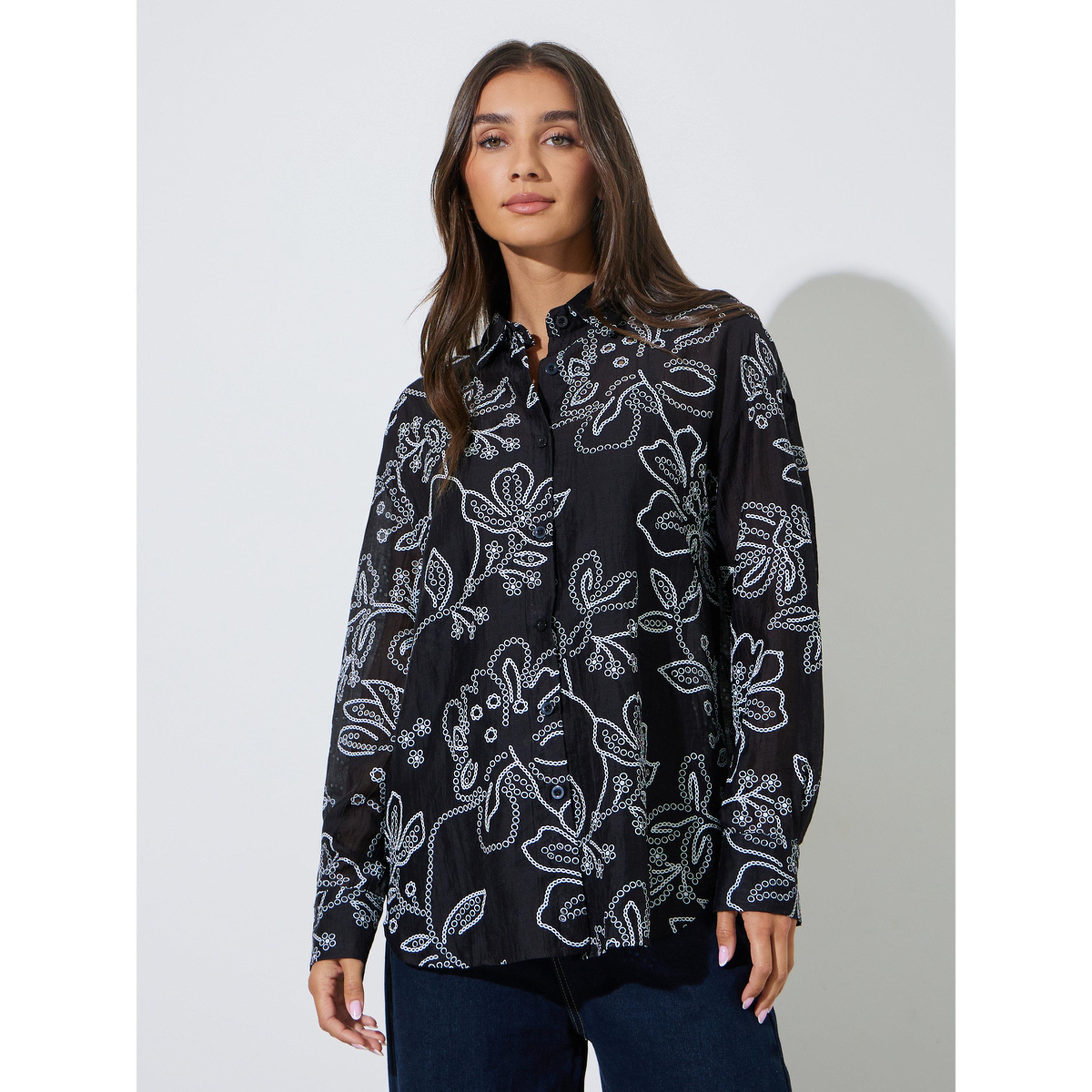 بلوزة واسعة طويلة ومطرزة بفتحات باللون الكحلي-women-clothing-shirtsandblouses-shirts-image-1