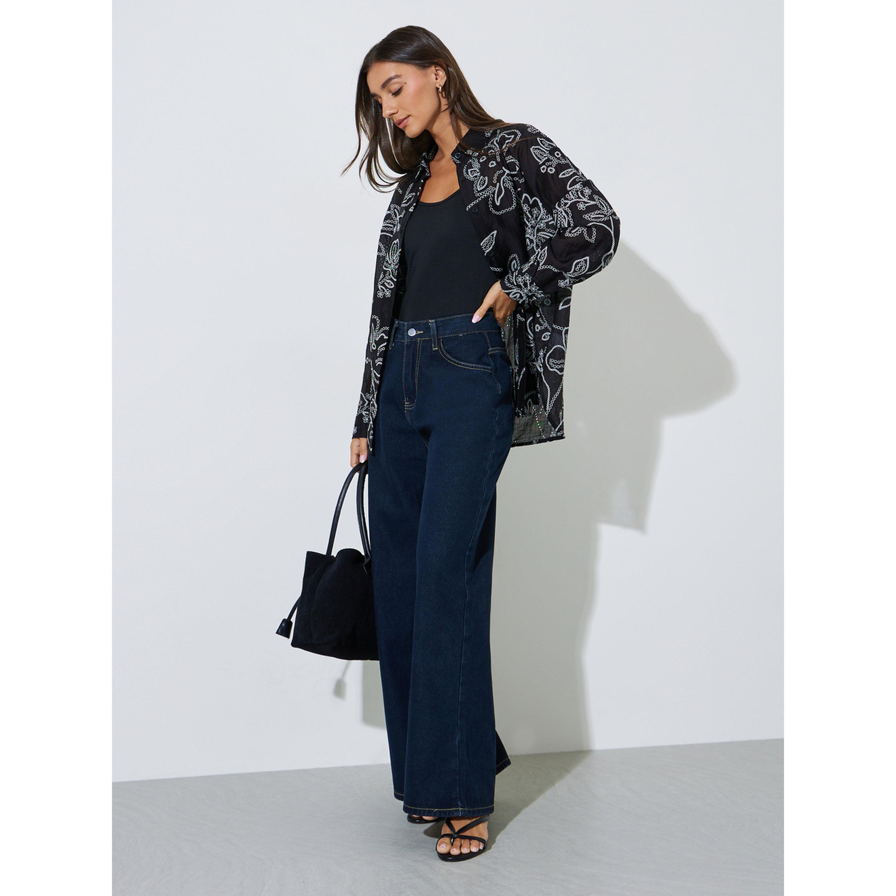 بلوزة واسعة طويلة ومطرزة بفتحات باللون الكحلي-women-clothing-shirtsandblouses-shirts-image-2