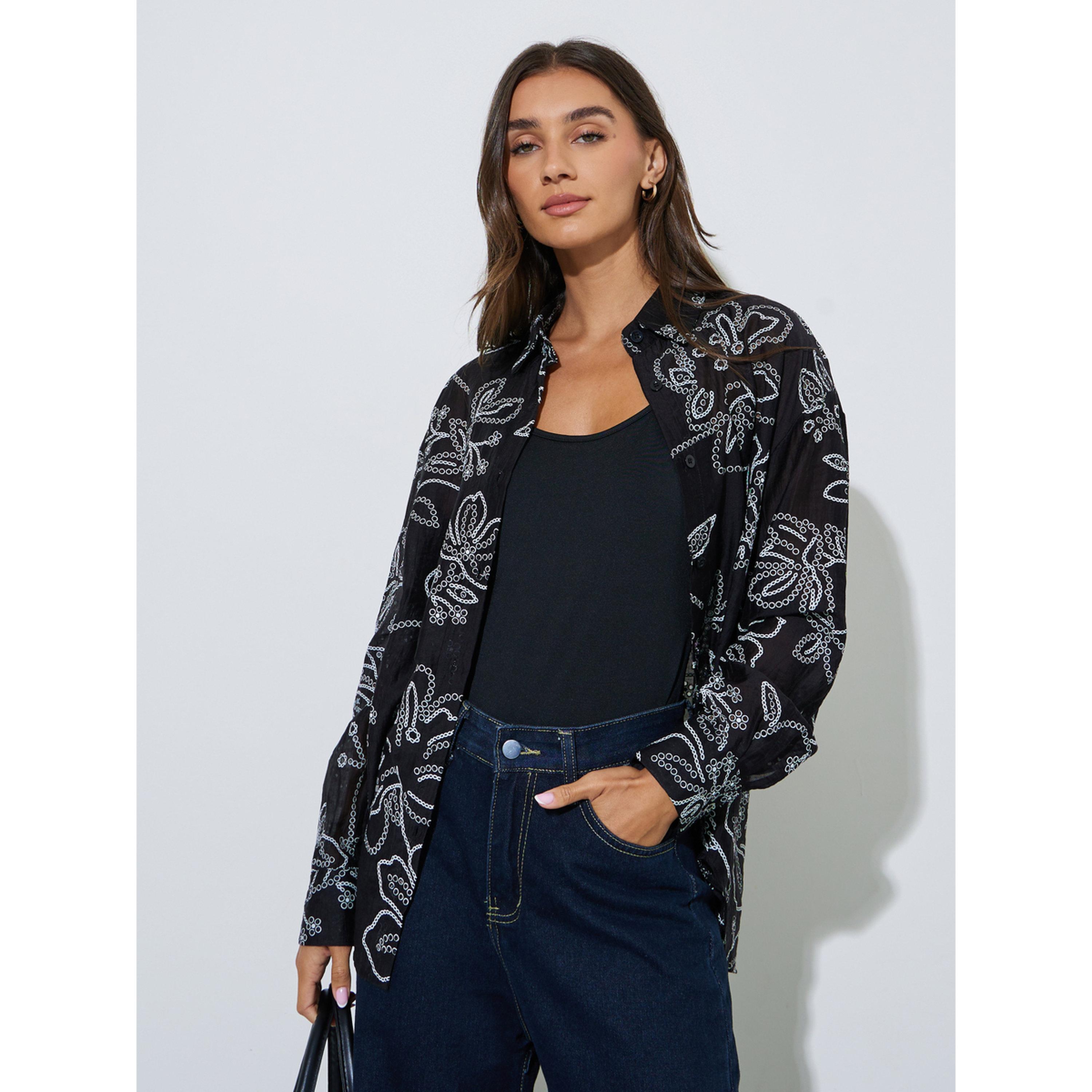 بلوزة واسعة طويلة ومطرزة بفتحات باللون الكحلي-women-clothing-shirtsandblouses-shirts-image-4