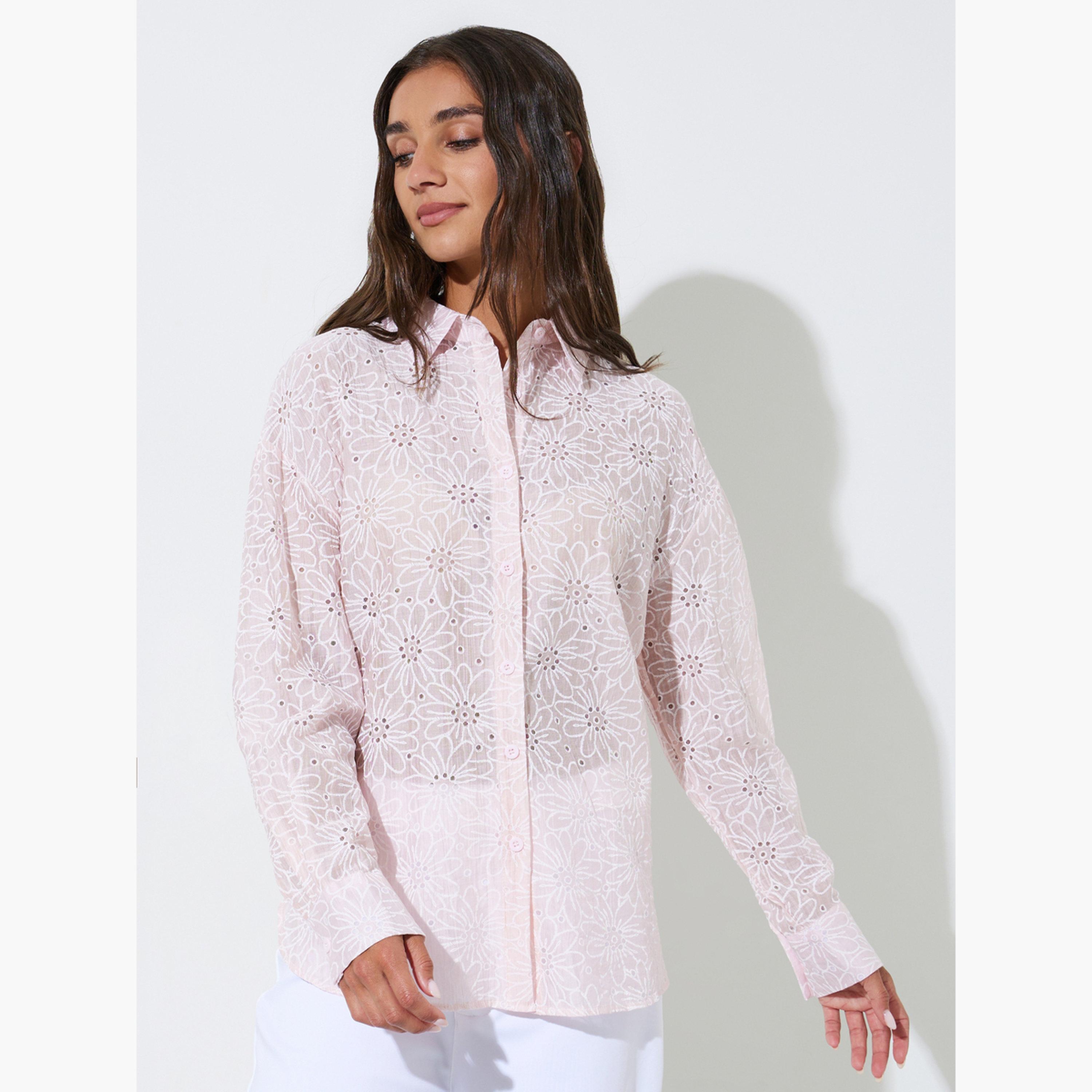 Styli Pink Floral Embroidery Longline Oversized Shirt-women-clothing-shirtsandblouses-shirts-image-1