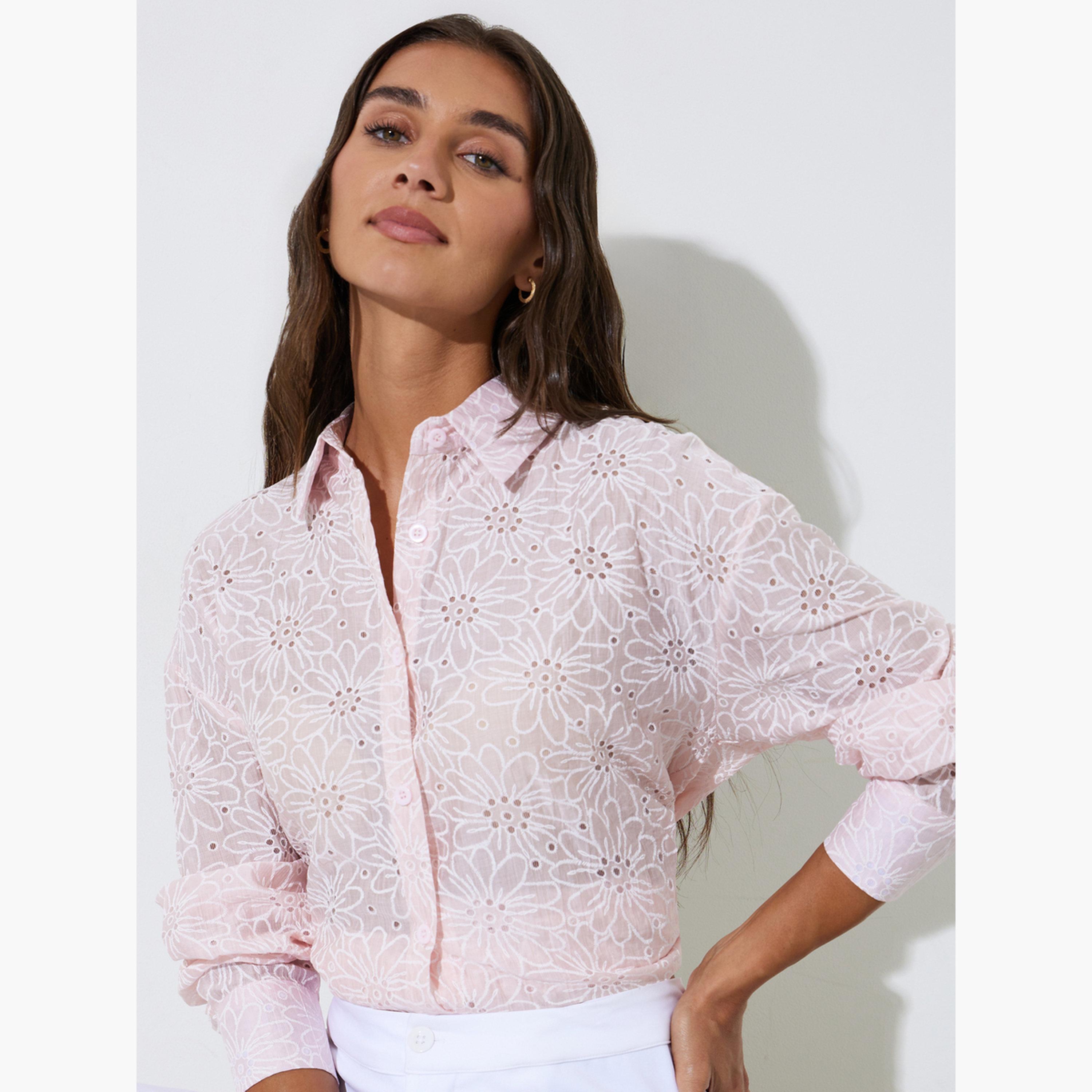 Styli Pink Floral Embroidery Longline Oversized Shirt-women-clothing-shirtsandblouses-shirts-image-3
