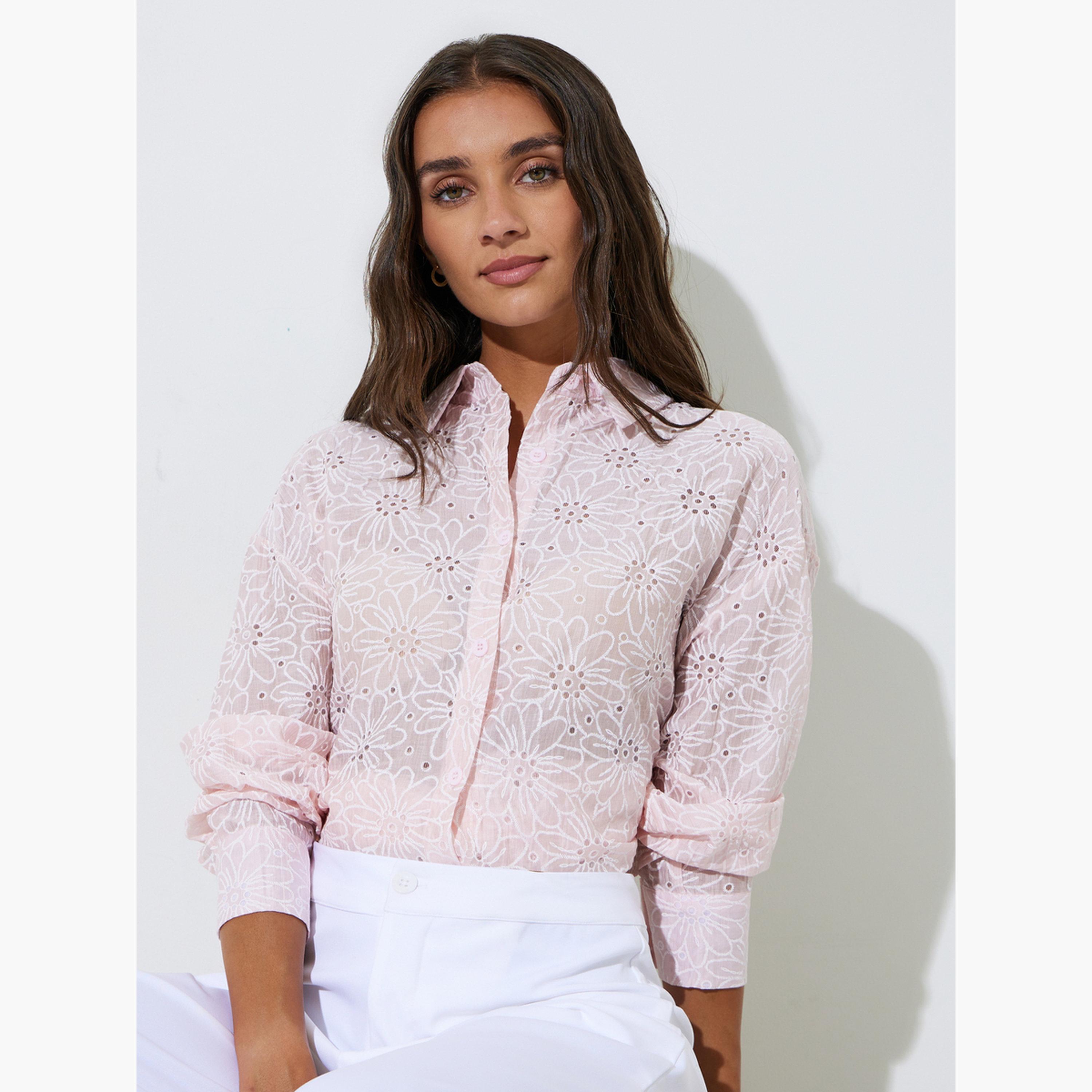 Styli Pink Floral Embroidery Longline Oversized Shirt-women-clothing-shirtsandblouses-shirts-image-4