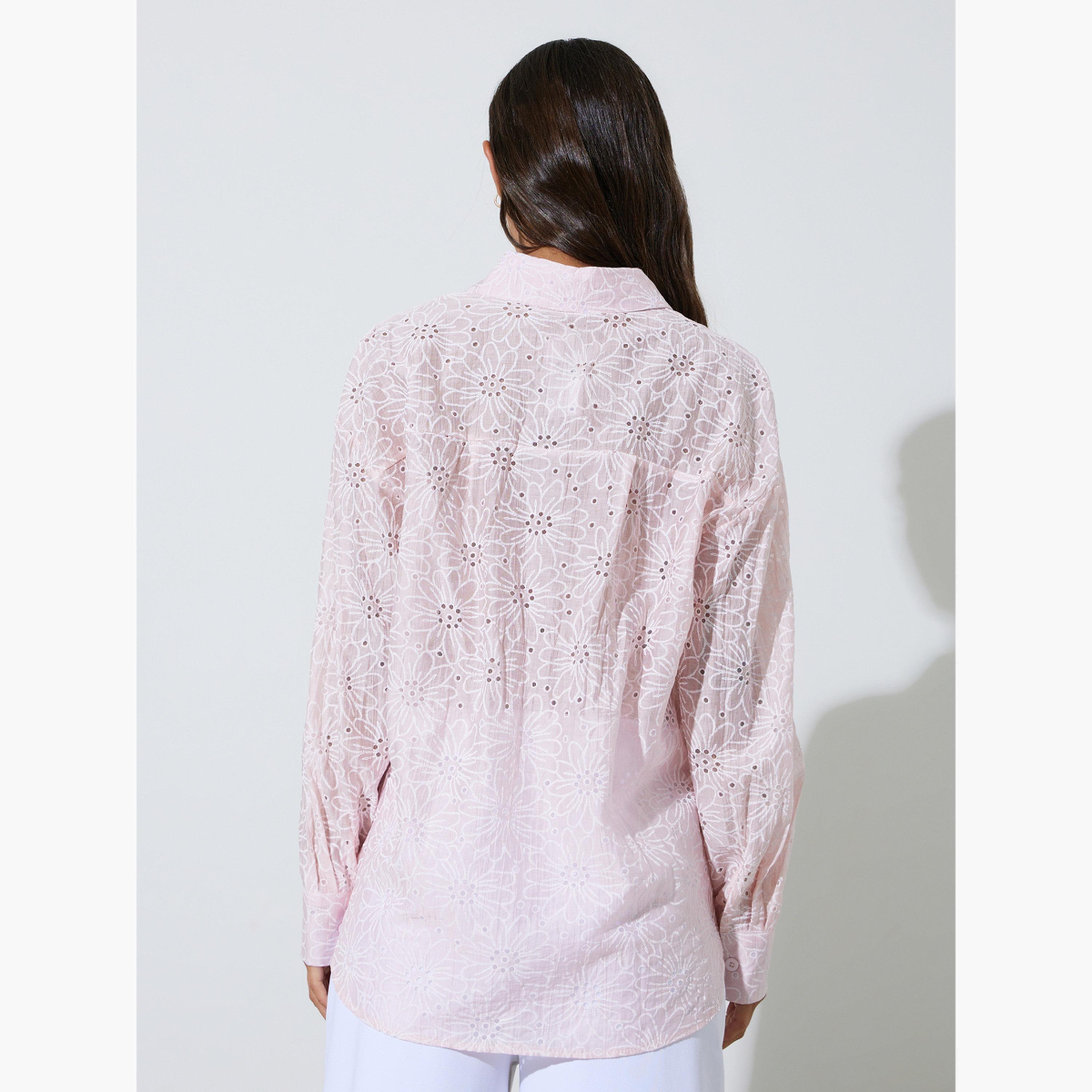 Styli Pink Floral Embroidery Longline Oversized Shirt-women-clothing-shirtsandblouses-shirts-image-5