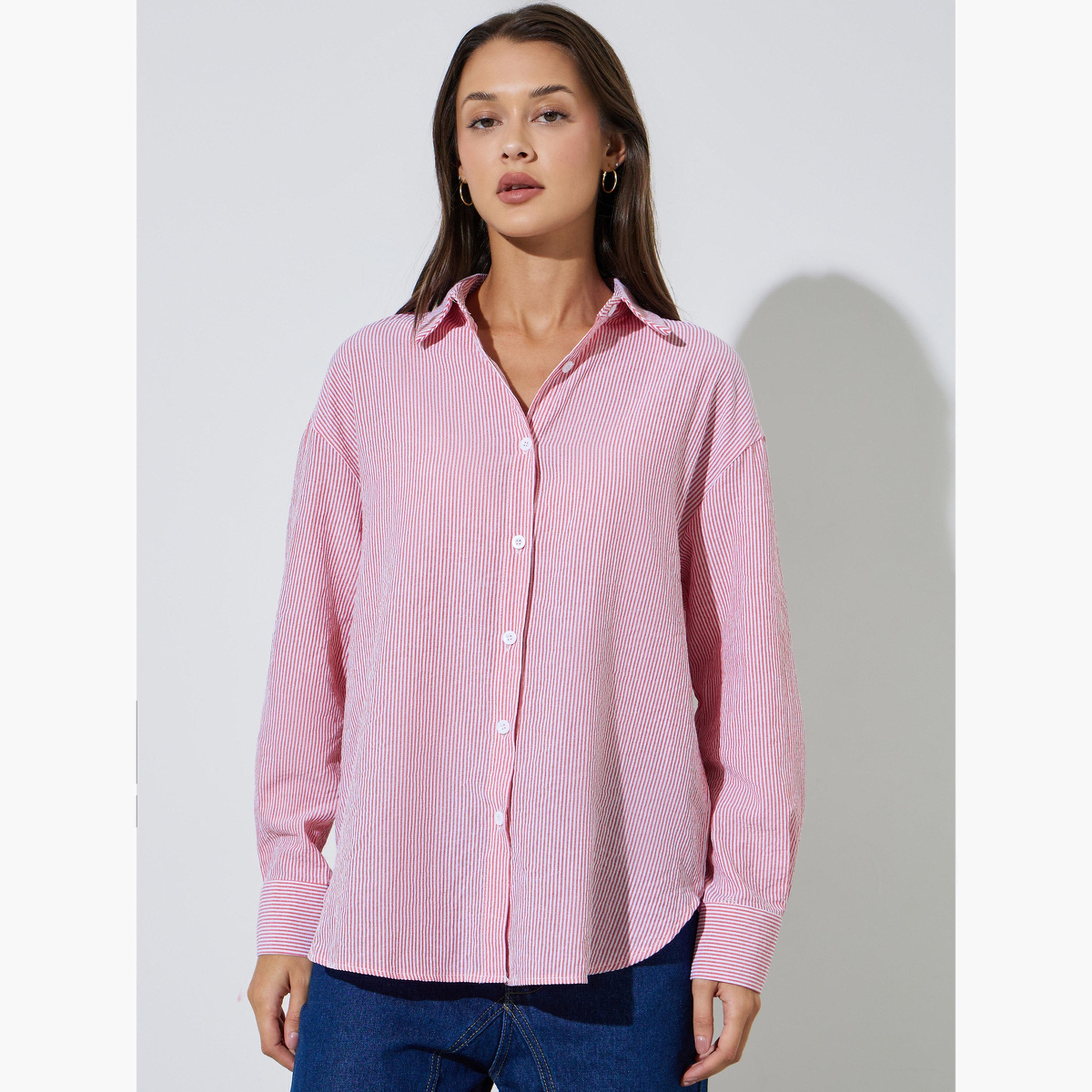 Styli Pink Striped Long Sleeves Oversized Shirt-women-clothing-shirtsandblouses-shirts-image-1