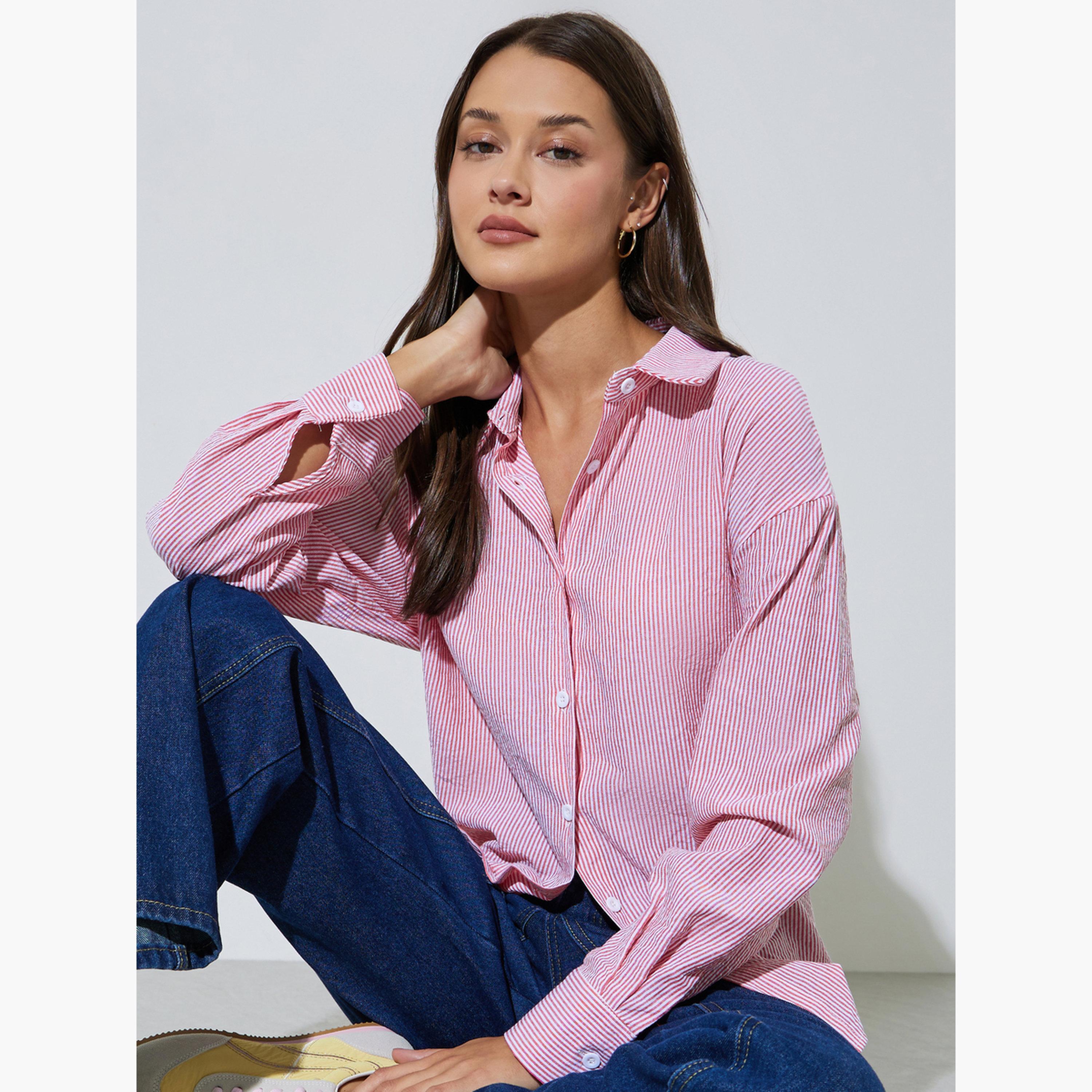 Styli Pink Striped Long Sleeves Oversized Shirt-women-clothing-shirtsandblouses-shirts-image-3