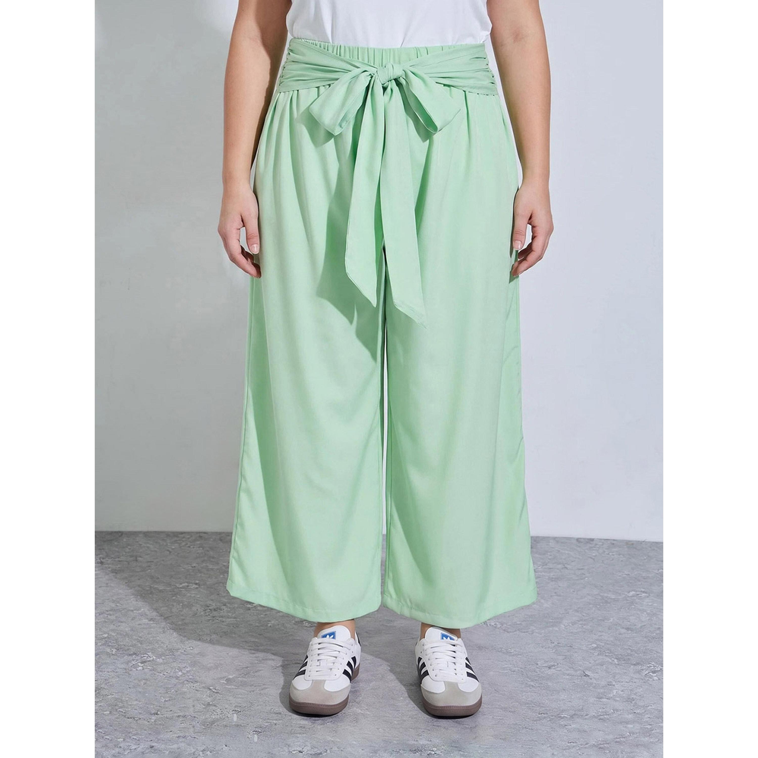 Take Two Plus Size Green Wide Leg Tie-Waist Trousers-women-clothing-plussize-joggers-image-1