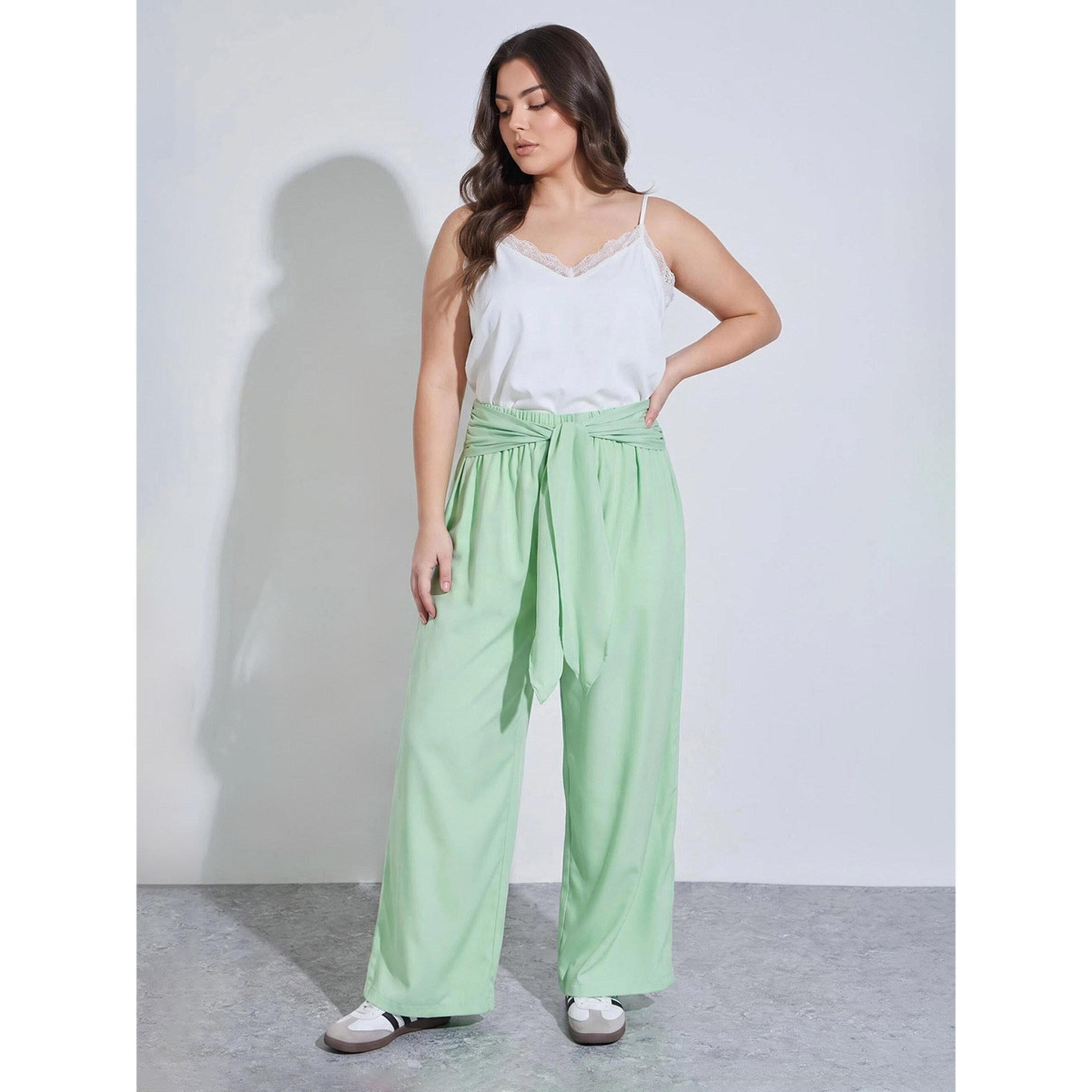 Take Two Plus Size Green Wide Leg Tie-Waist Trousers-women-clothing-plussize-joggers-image-2