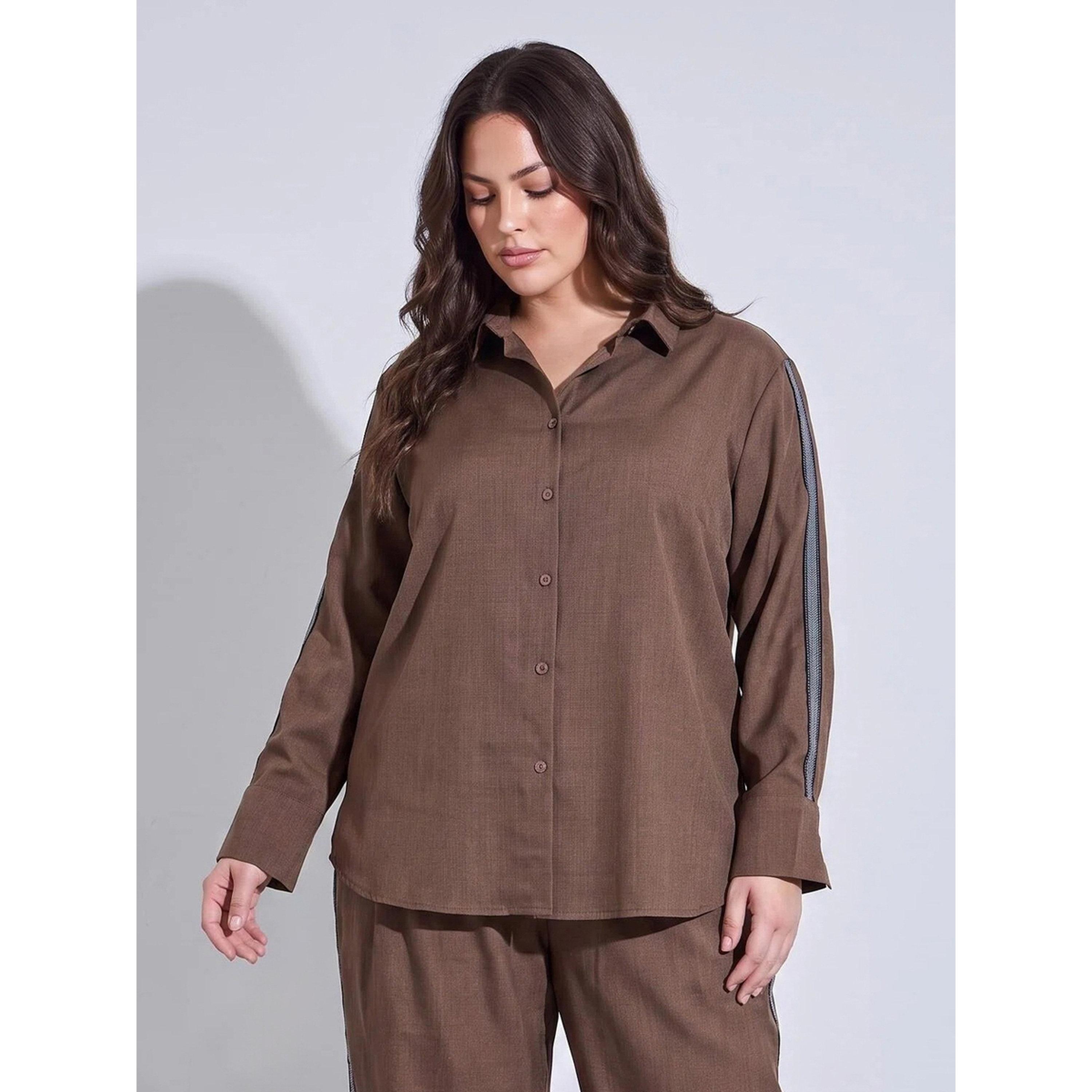 Styli Plus Size Brown Long Sleeves Relaxed Fit Shirt with Side Stripe-women-clothing-shirtsandblouses-shirts-image-1