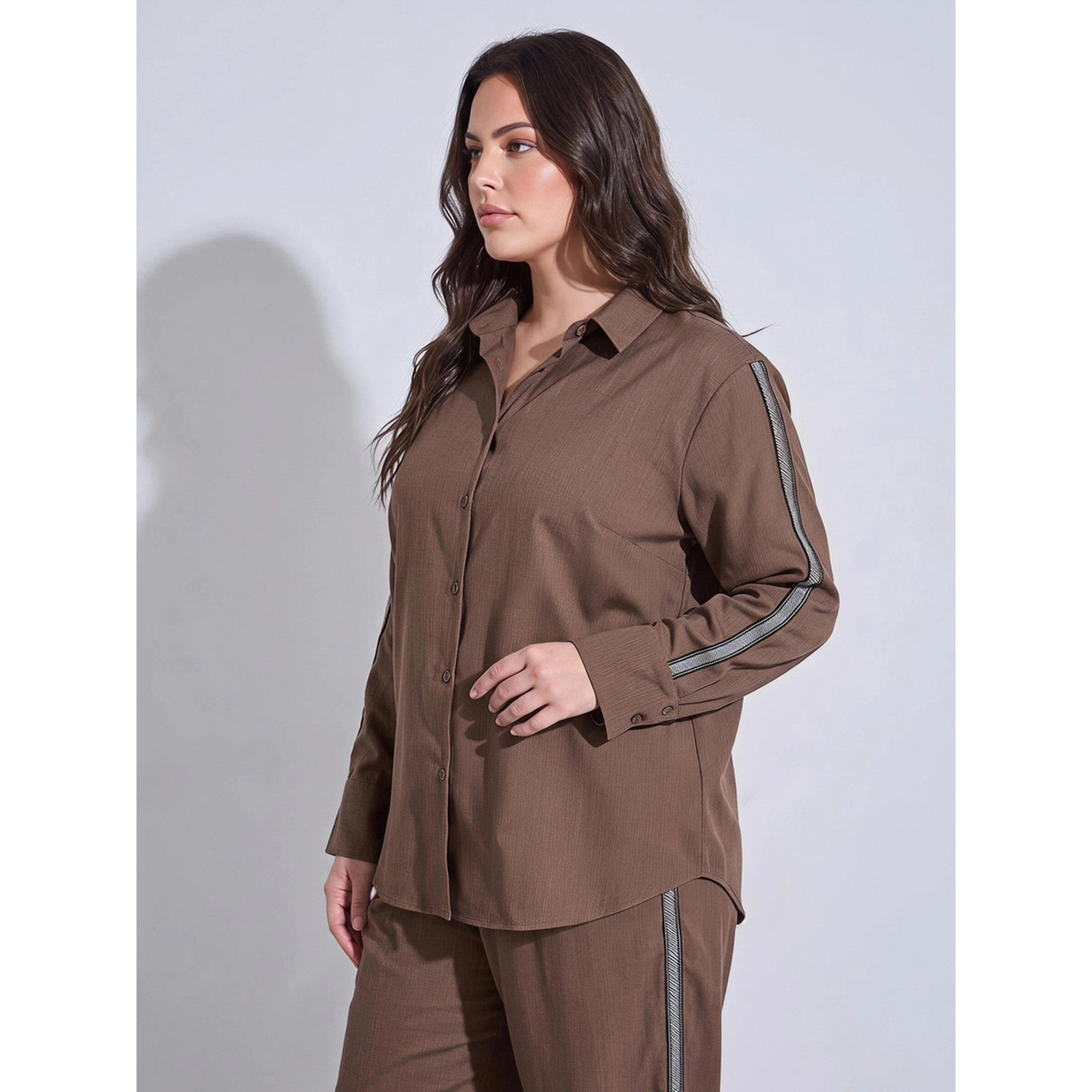 Styli Plus Size Brown Long Sleeves Relaxed Fit Shirt with Side Stripe-women-clothing-shirtsandblouses-shirts-image-3