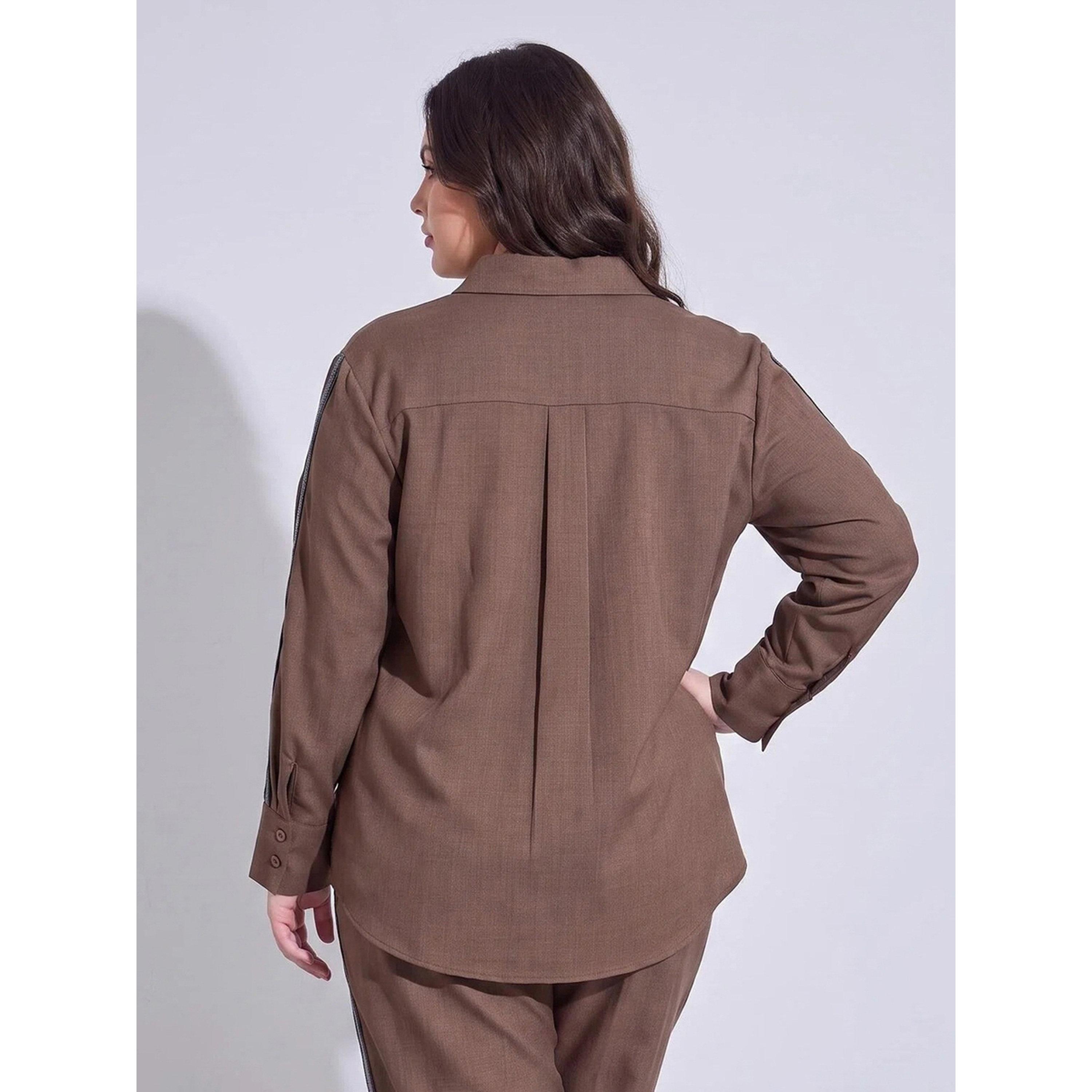 Styli Plus Size Brown Long Sleeves Relaxed Fit Shirt with Side Stripe-women-clothing-shirtsandblouses-shirts-image-4