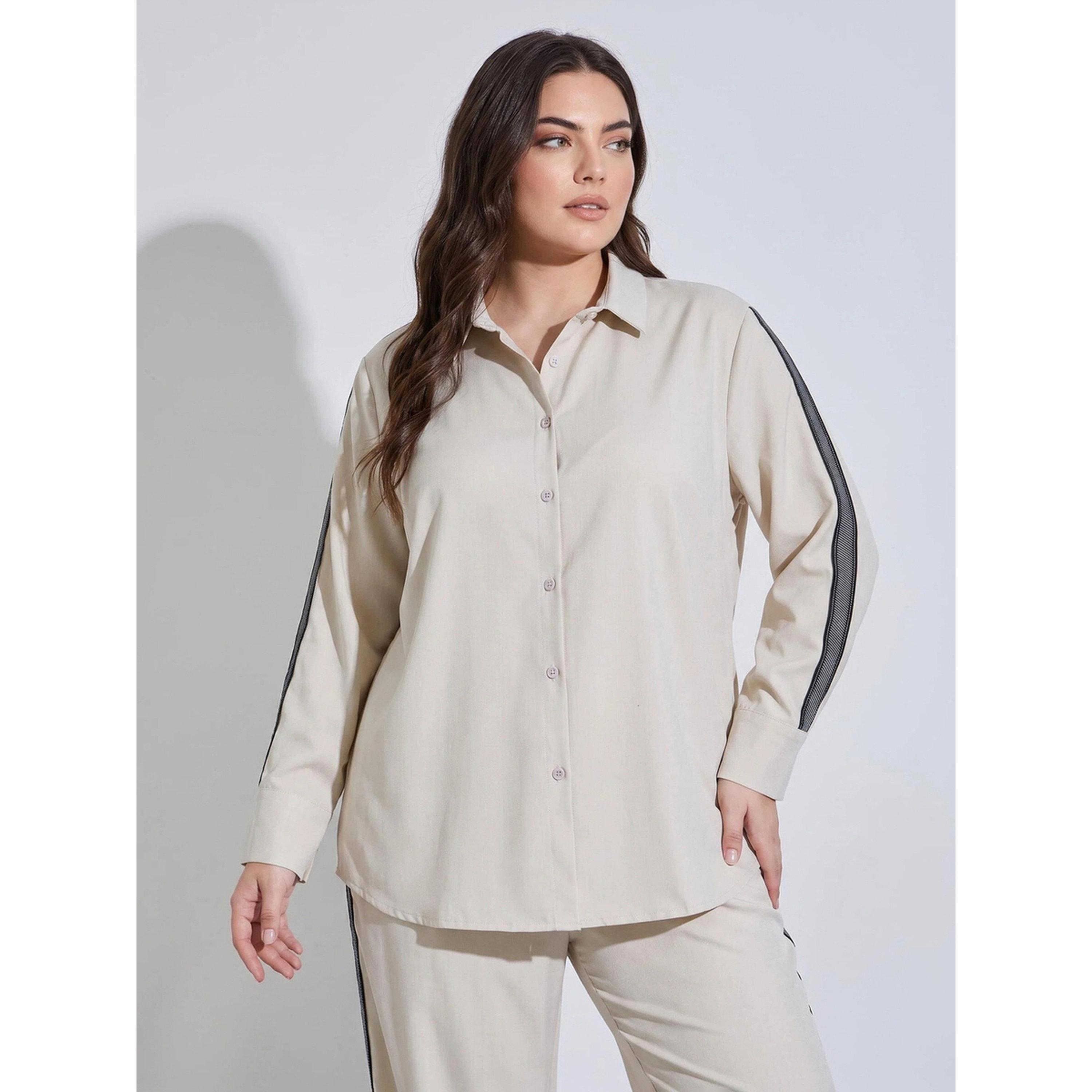 Styli Plus Size Off White Long Sleeves Relaxed Fit Shirt with Side Stripe-women-clothing-shirtsandblouses-shirts-image-1