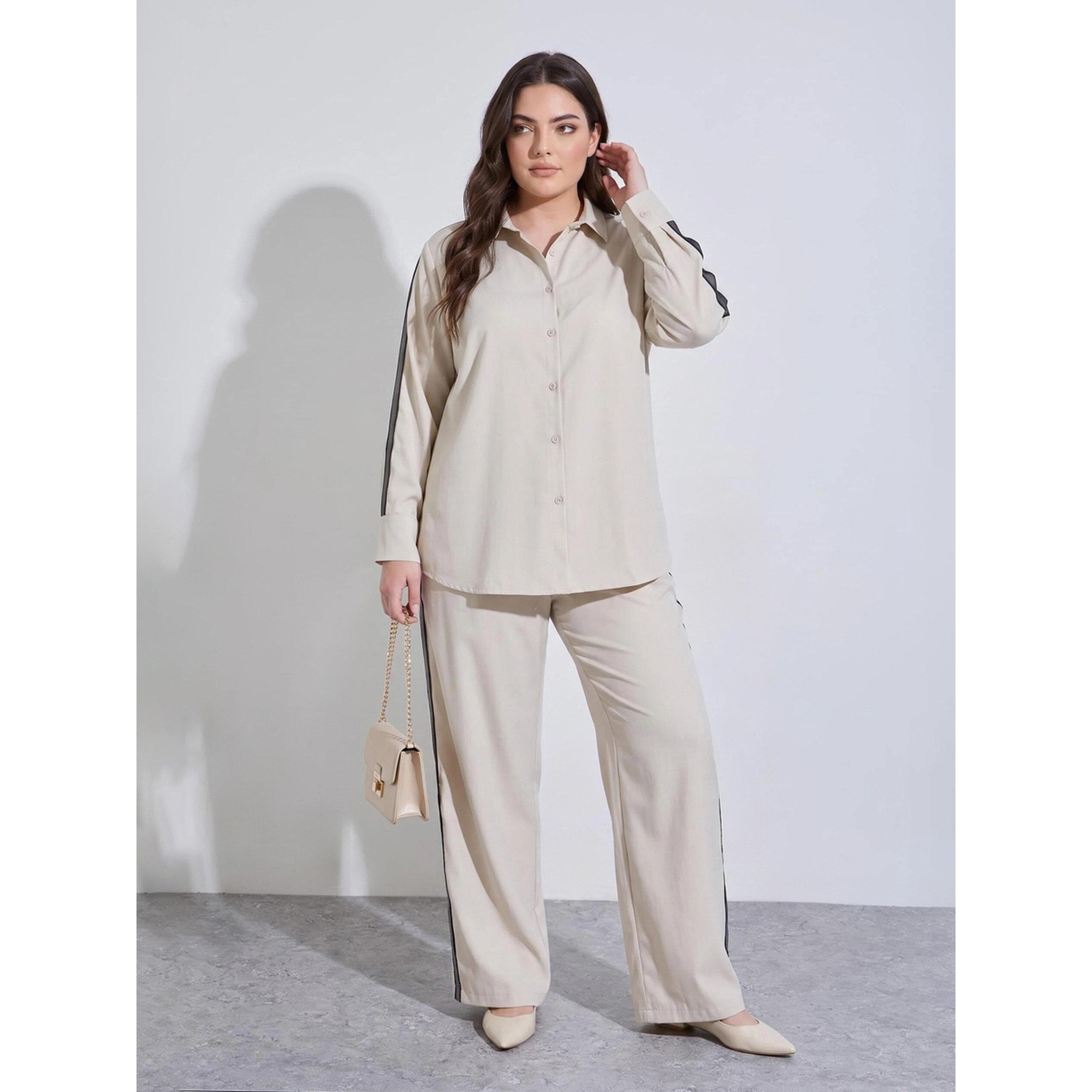 Styli Plus Size Off White Long Sleeves Relaxed Fit Shirt with Side Stripe-women-clothing-shirtsandblouses-shirts-image-2