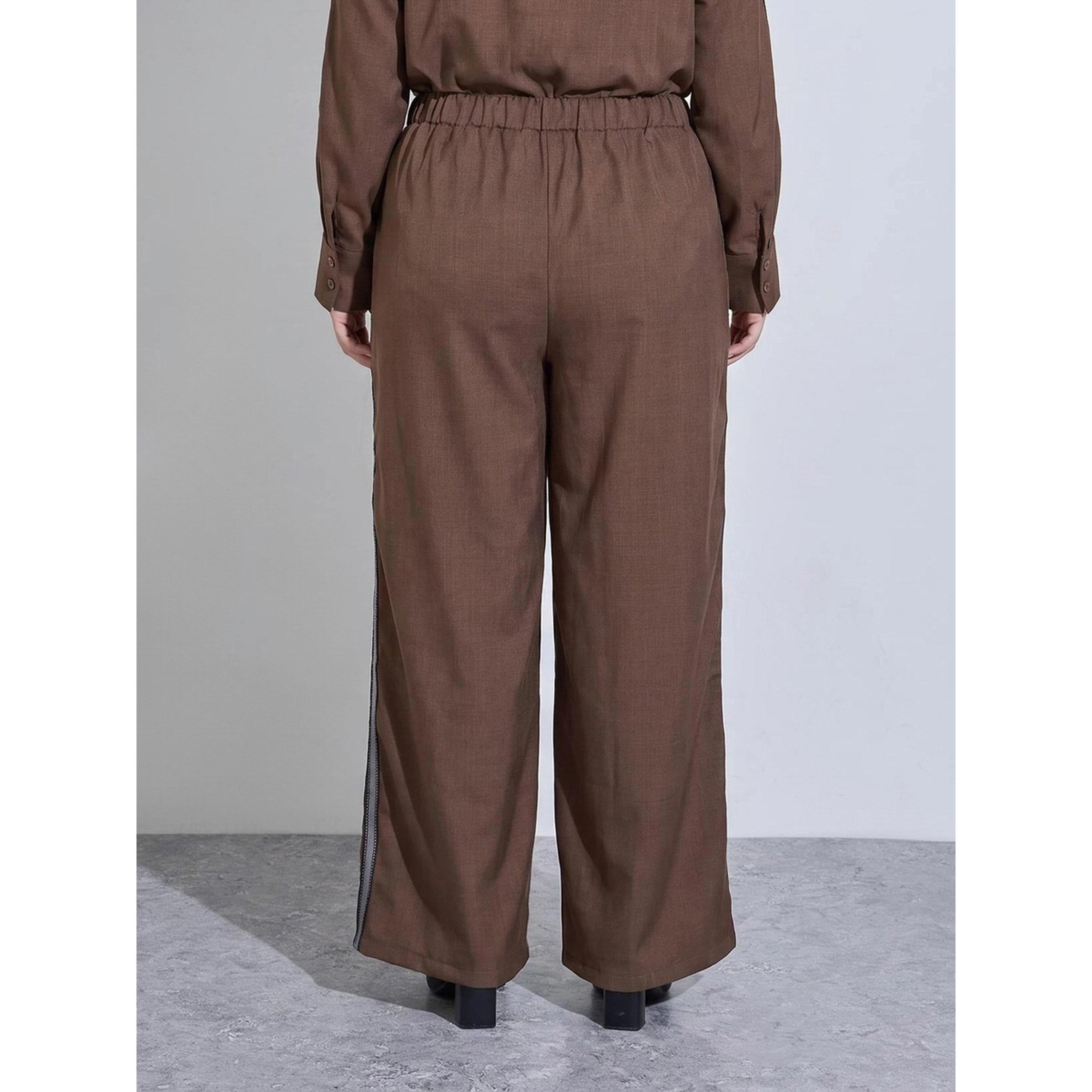Styli Plus Size Brown Wide Leg Trousers with Side Stripe Detail-women-clothing-plussize-joggers-image-4