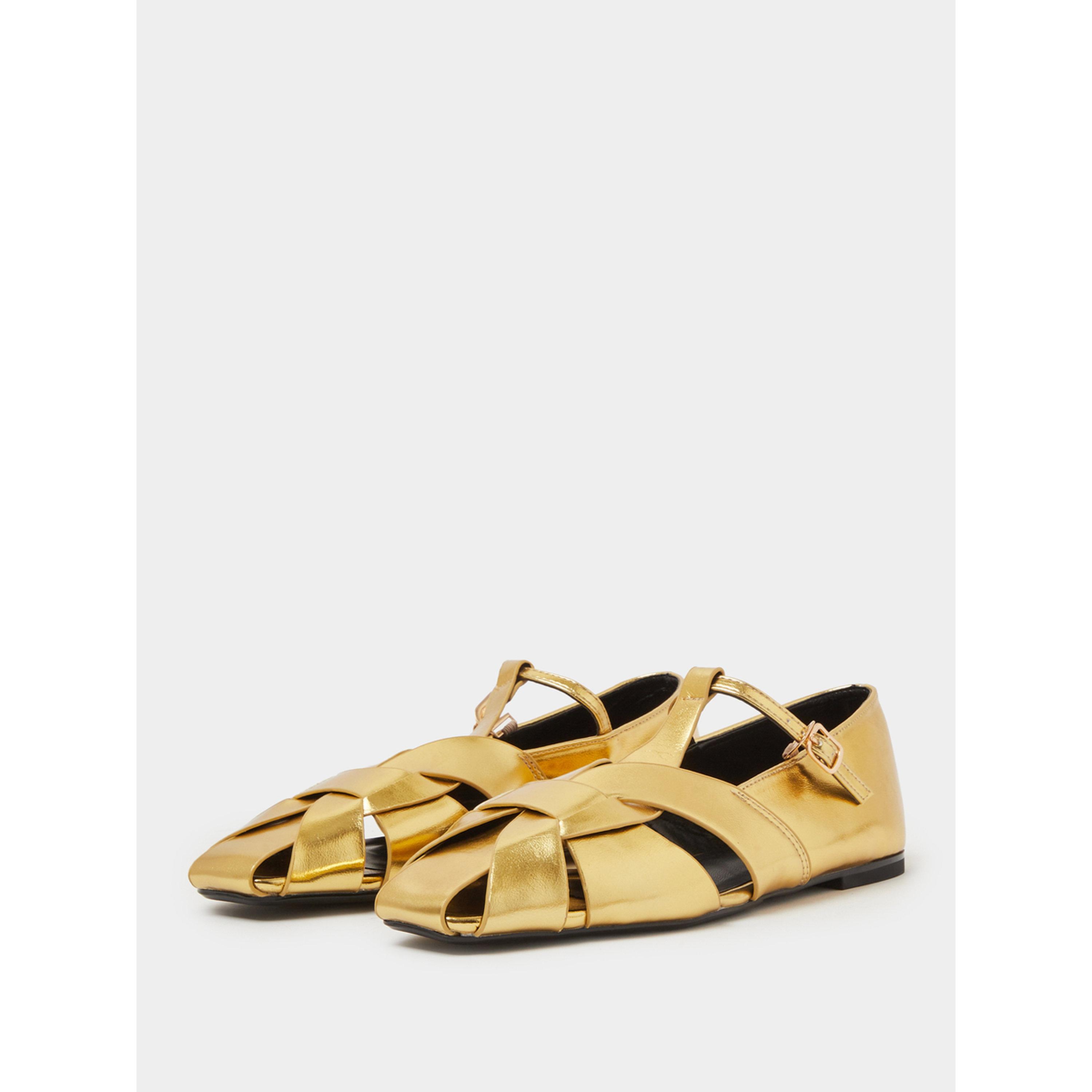 Styli Gold Metallic Woven Ballerina Flats with Ankle Strap-women-shoes-ballerinas-image-1