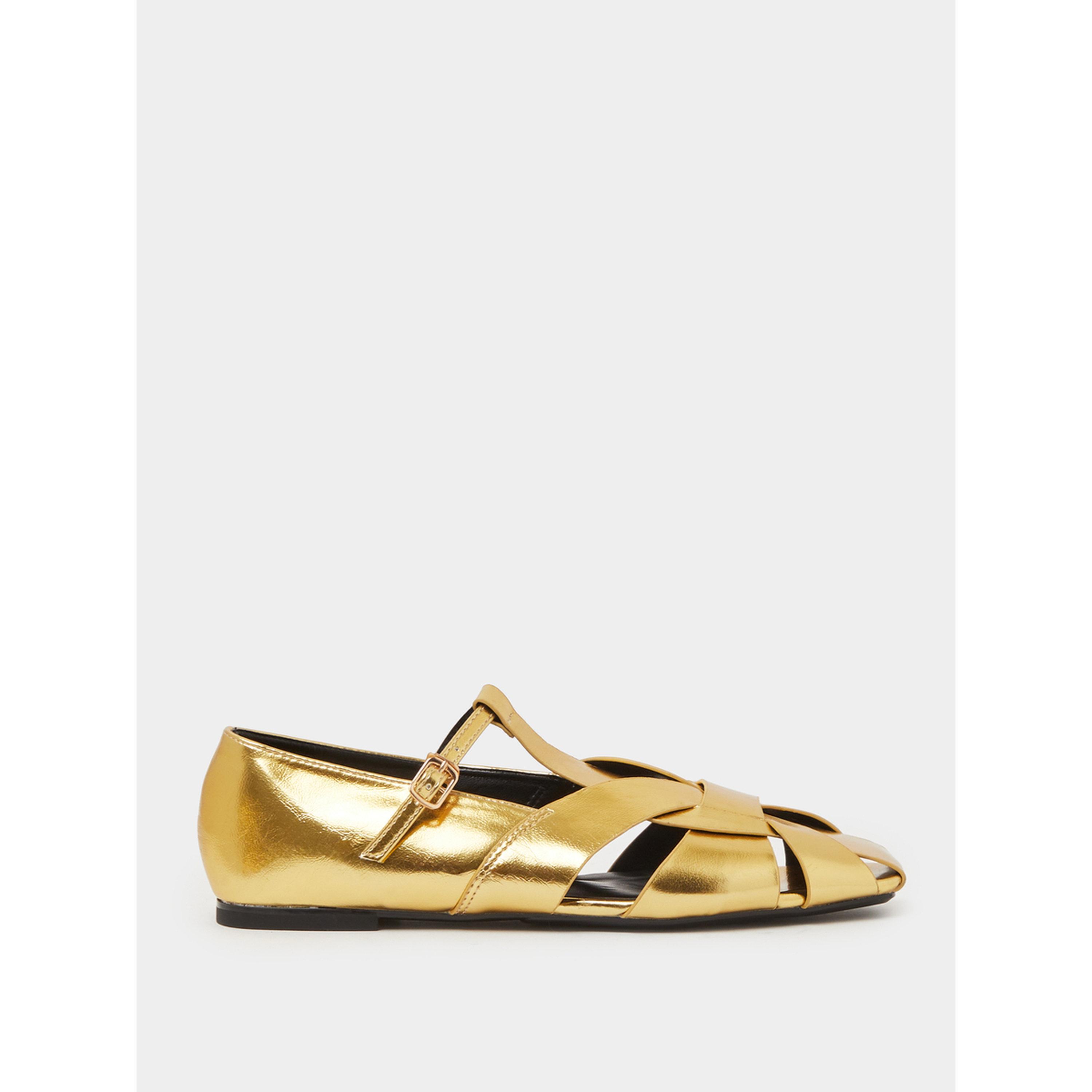 Styli Gold Metallic Woven Ballerina Flats with Ankle Strap-women-shoes-ballerinas-image-2
