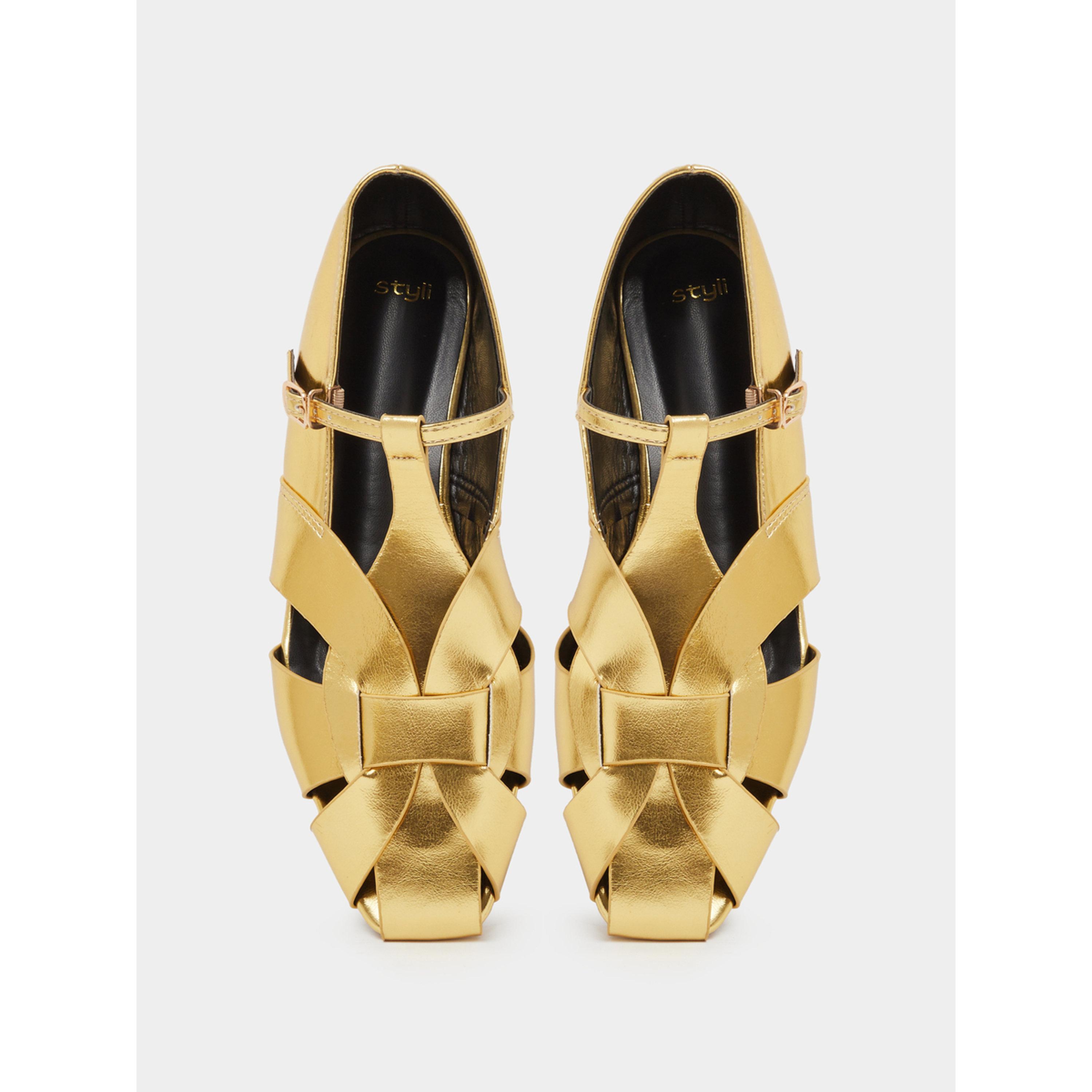 Styli Gold Metallic Woven Ballerina Flats with Ankle Strap-women-shoes-ballerinas-image-3