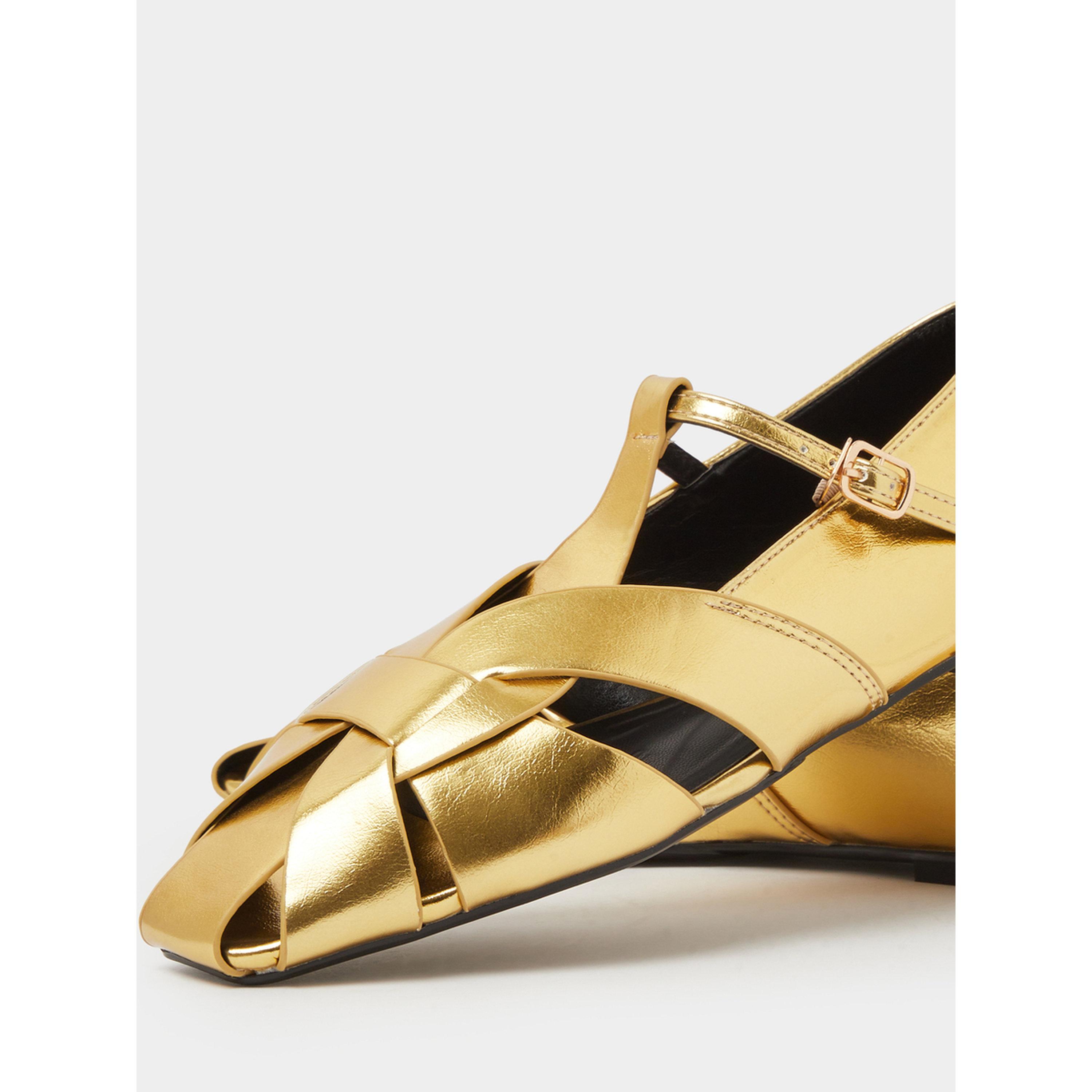 Styli Gold Metallic Woven Ballerina Flats with Ankle Strap-women-shoes-ballerinas-image-4