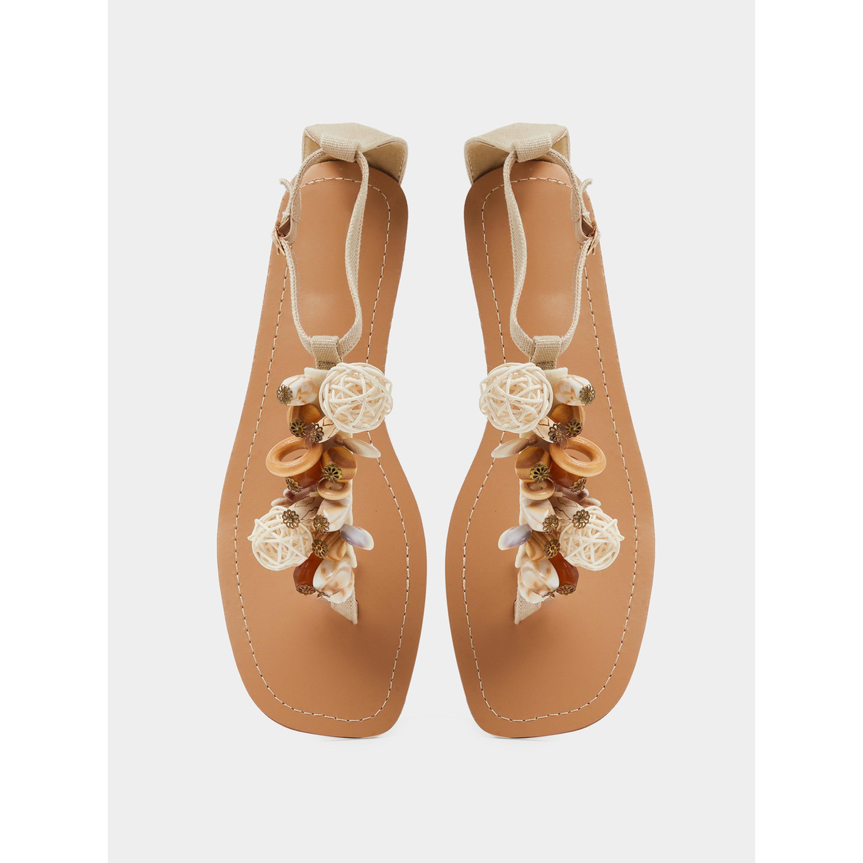 Styli Beige Embellished Flat Sandals-women-shoes-sandals-flats-image-3
