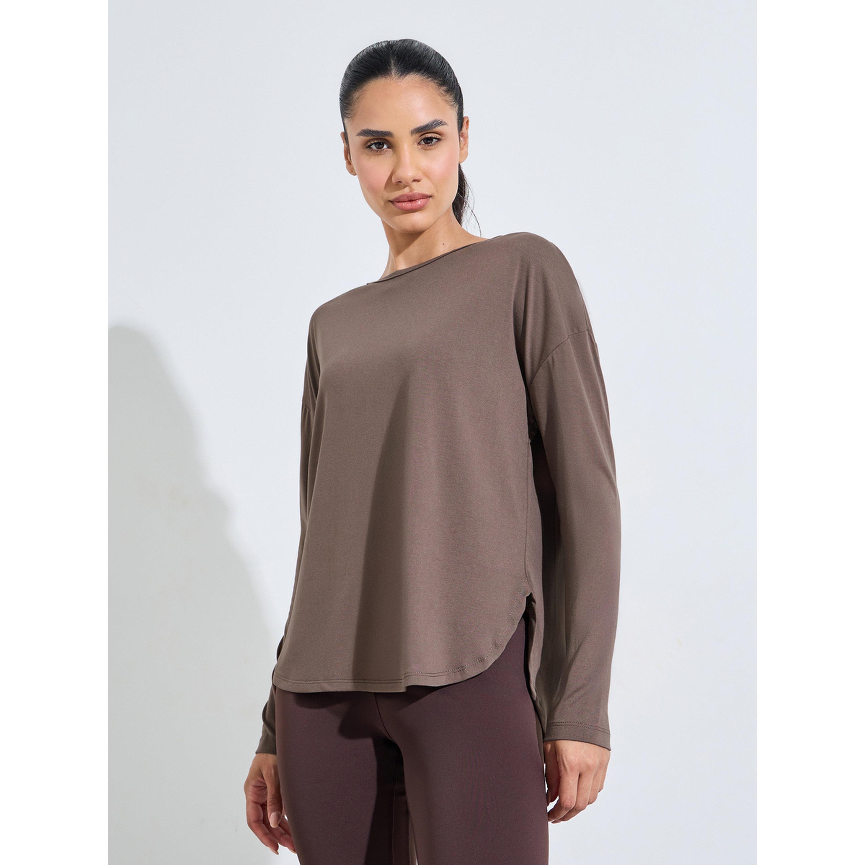 Styli Brown Solid Long Sleeve Activewear Top with Side Slit-sports-women-clothing-tshirtsandvests-image-1