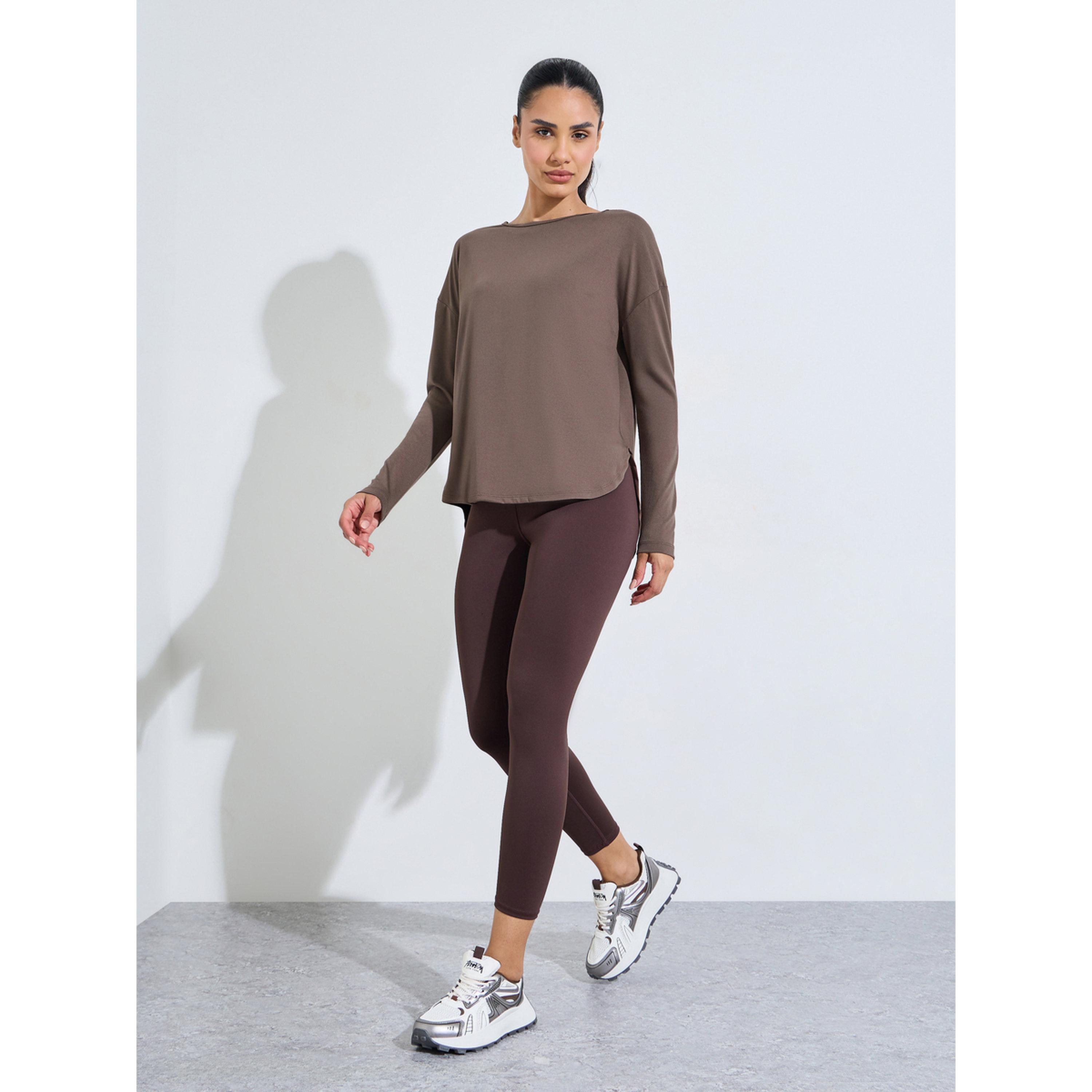 Styli Brown Solid Long Sleeve Activewear Top with Side Slit-sports-women-clothing-tshirtsandvests-image-2