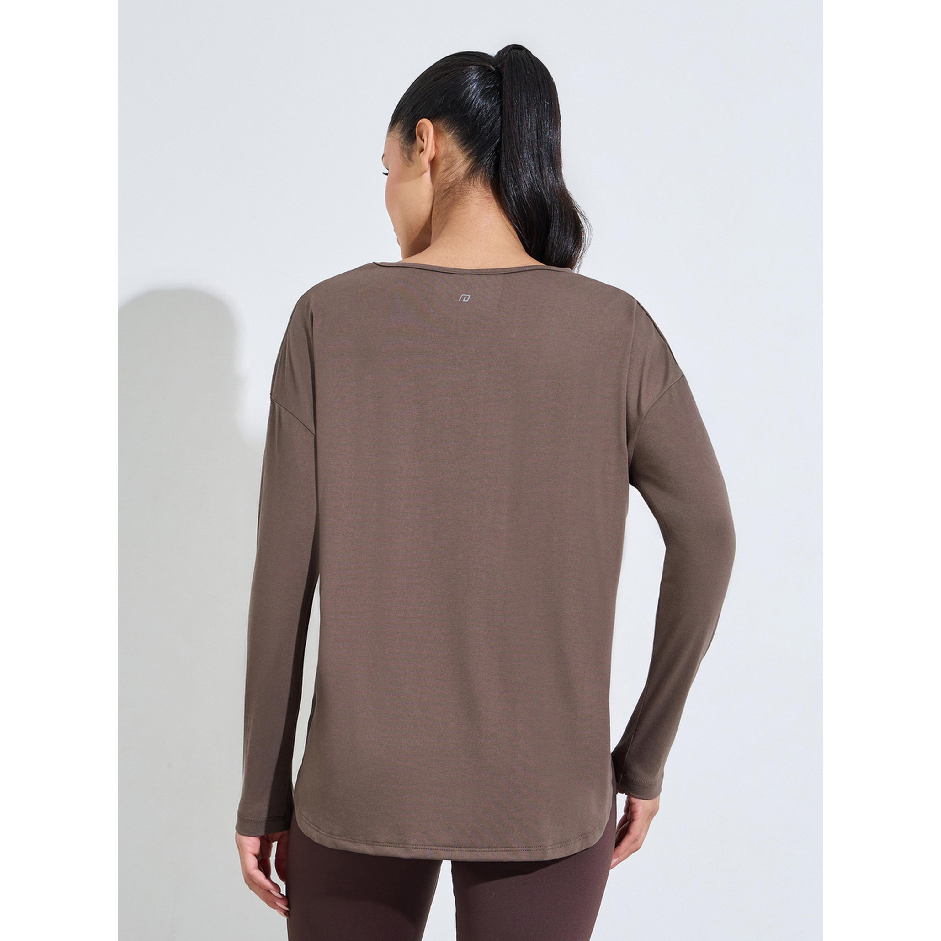Styli Brown Solid Long Sleeve Activewear Top with Side Slit-sports-women-clothing-tshirtsandvests-image-3