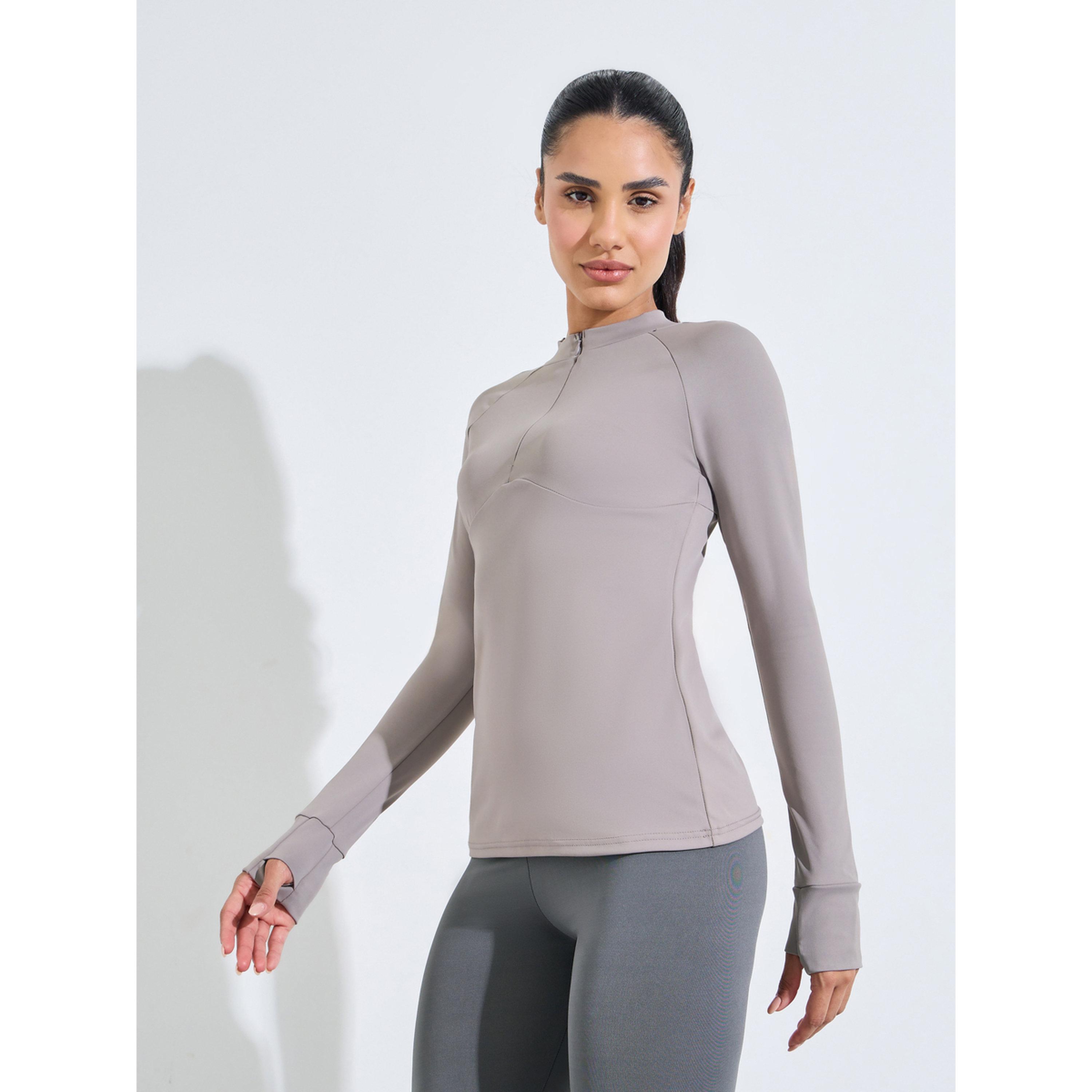 Styli Beige Solid Activewear Quarter-Zip Top with Thumbholes-sports-women-clothing-tshirtsandvests-image-1