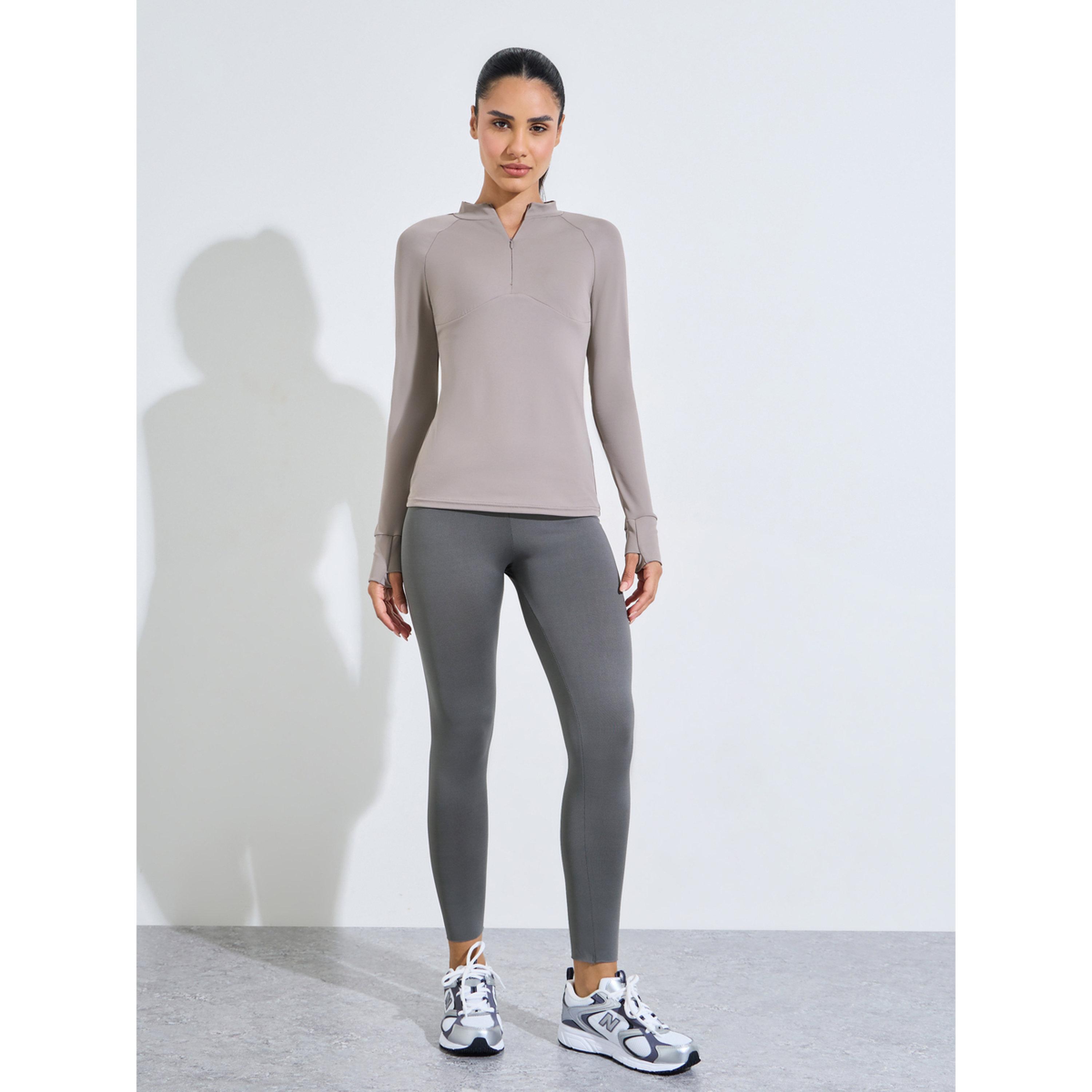 Styli Beige Solid Activewear Quarter-Zip Top with Thumbholes-sports-women-clothing-tshirtsandvests-image-2