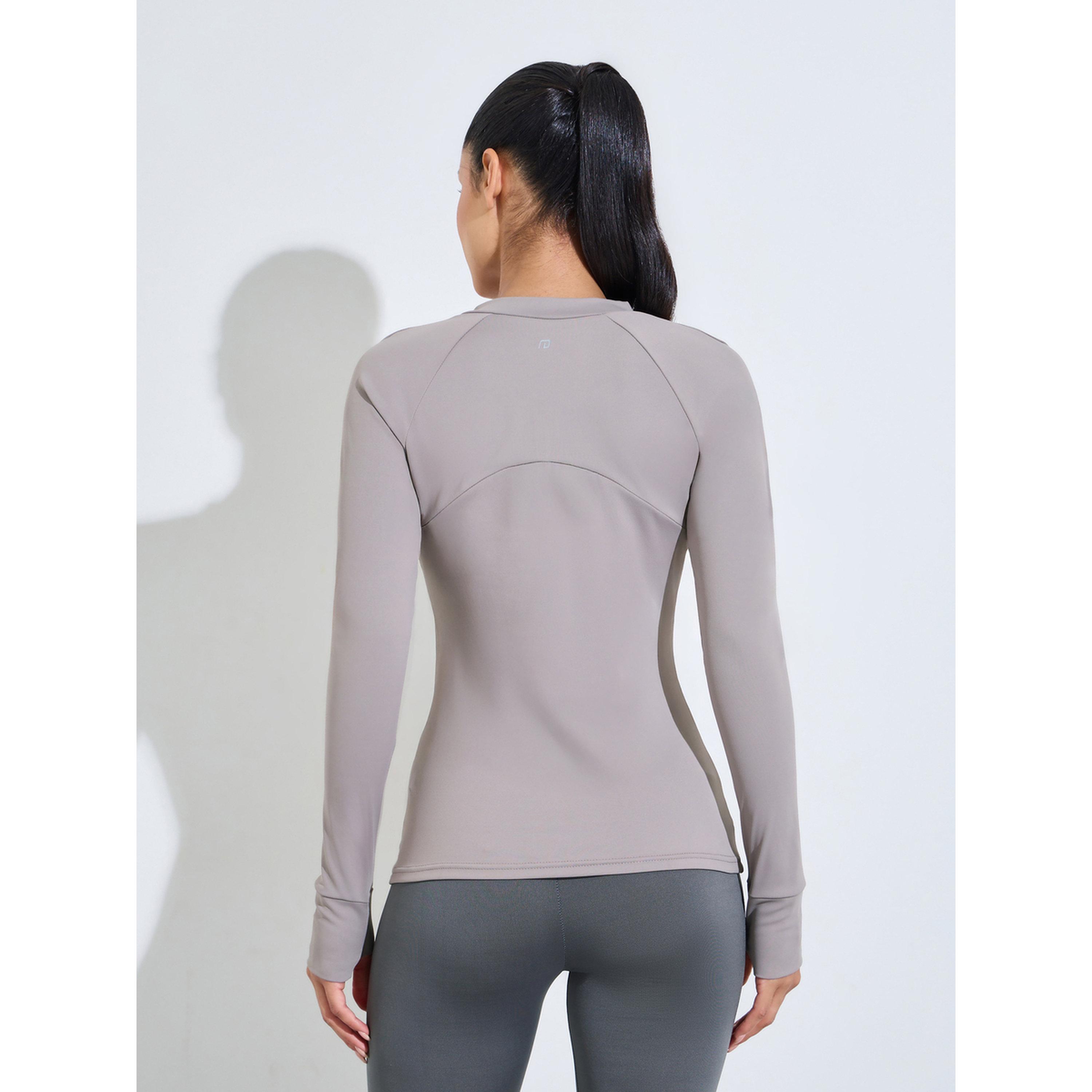 Styli Beige Solid Activewear Quarter-Zip Top with Thumbholes-sports-women-clothing-tshirtsandvests-image-3