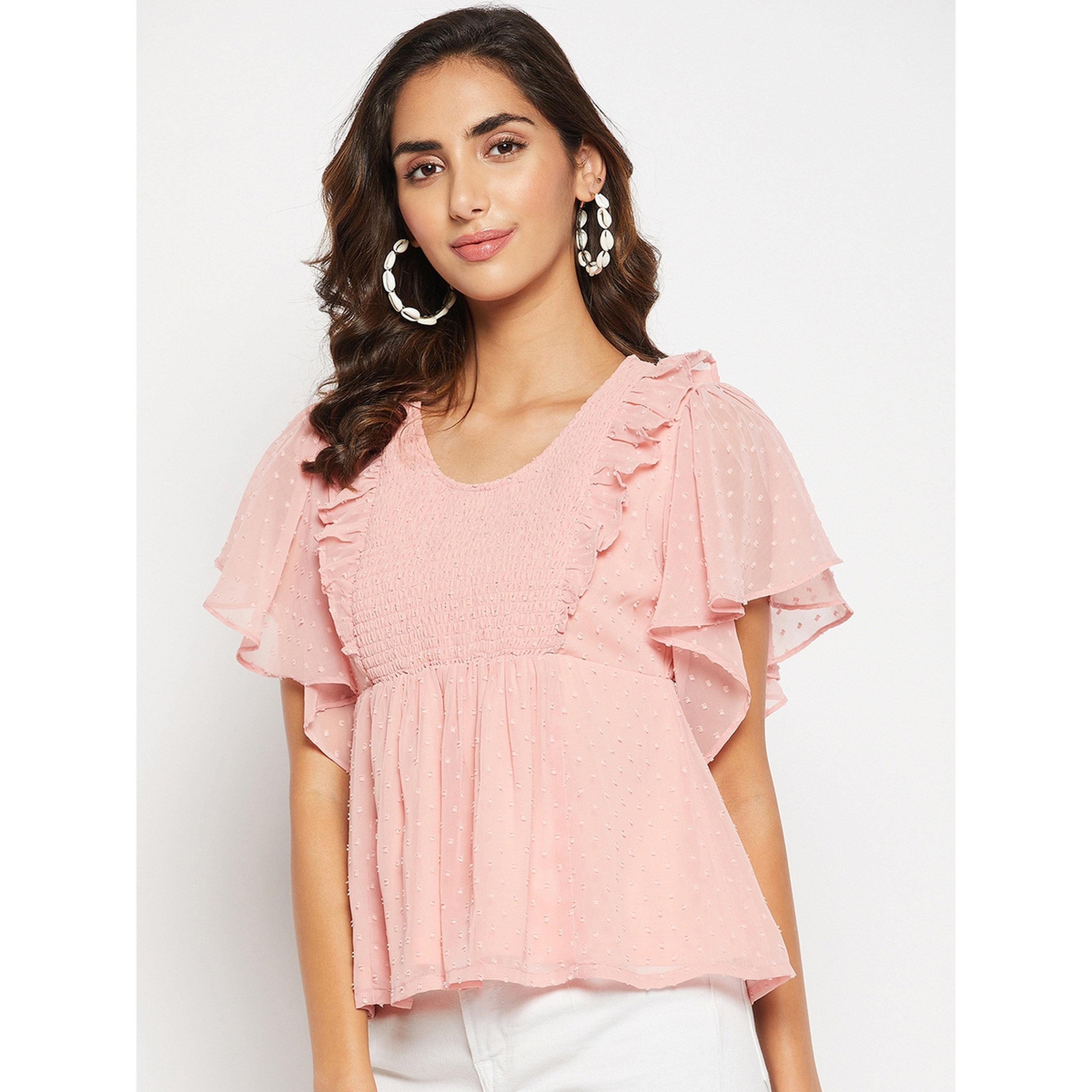 WineRed X Styli Pink Dobby Ruffle Sleeve Peplum Top-women-clothing-shirtsandblouses-blouses-image-1