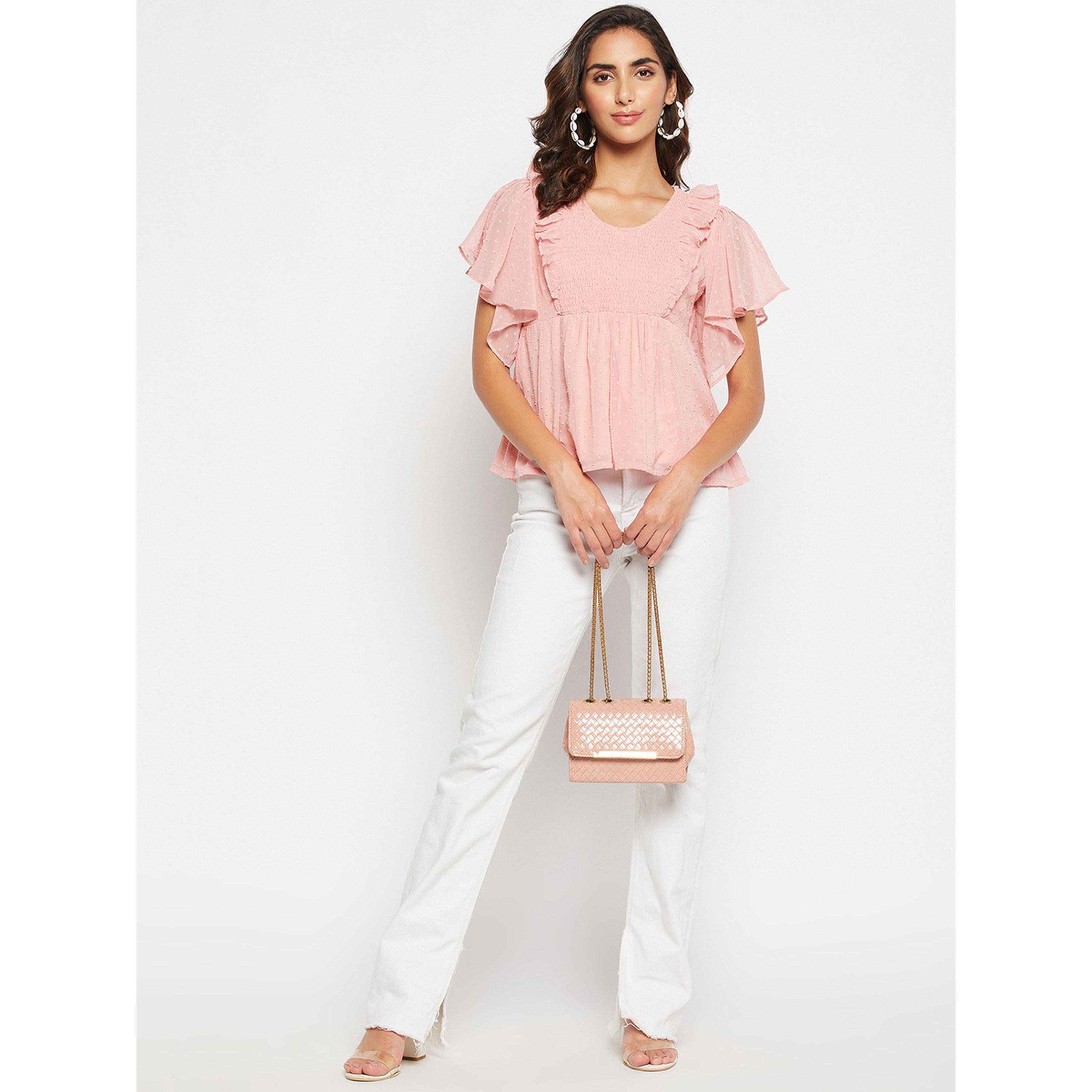 WineRed X Styli Pink Dobby Ruffle Sleeve Peplum Top-women-clothing-shirtsandblouses-blouses-image-2