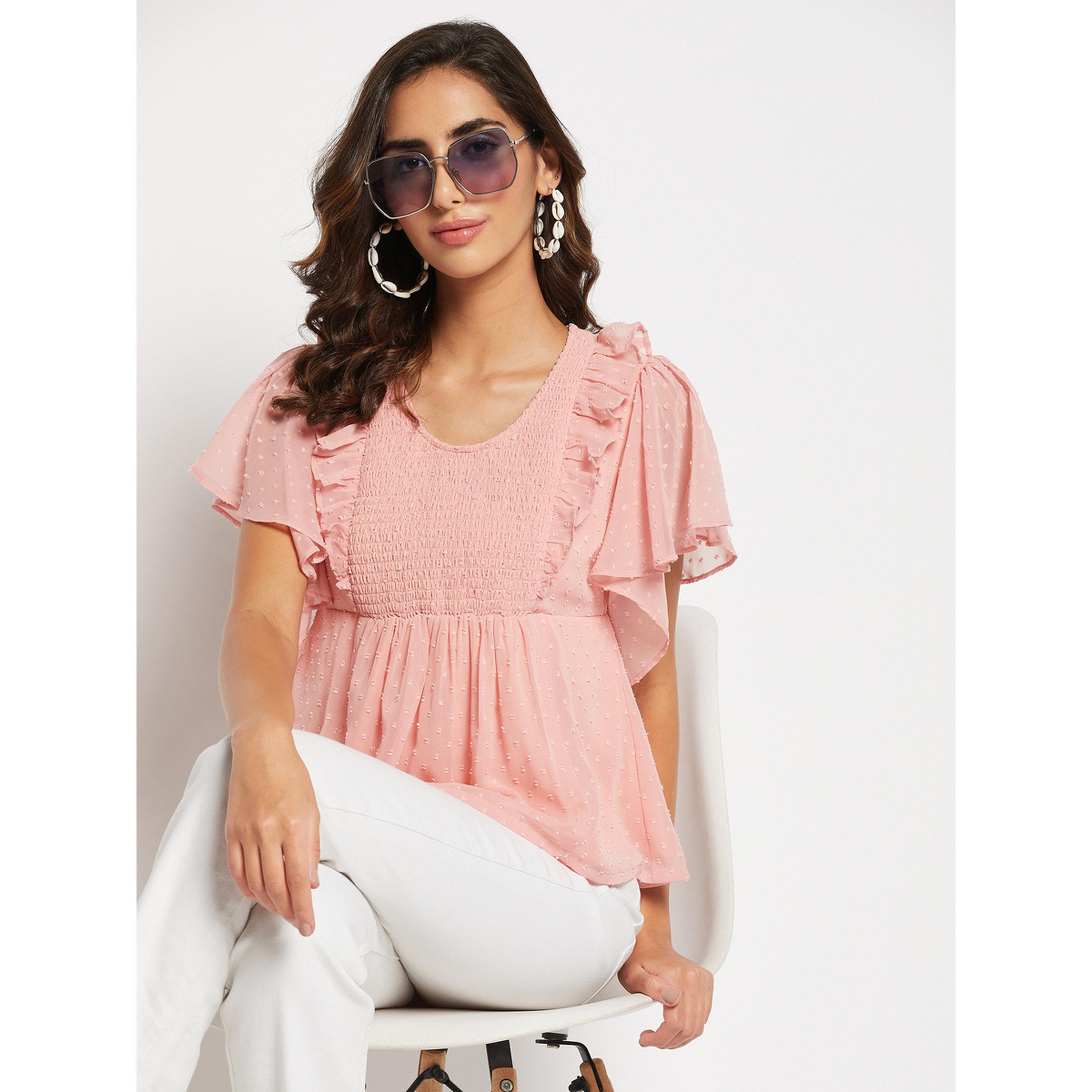 WineRed X Styli Pink Dobby Ruffle Sleeve Peplum Top-women-clothing-shirtsandblouses-blouses-image-4