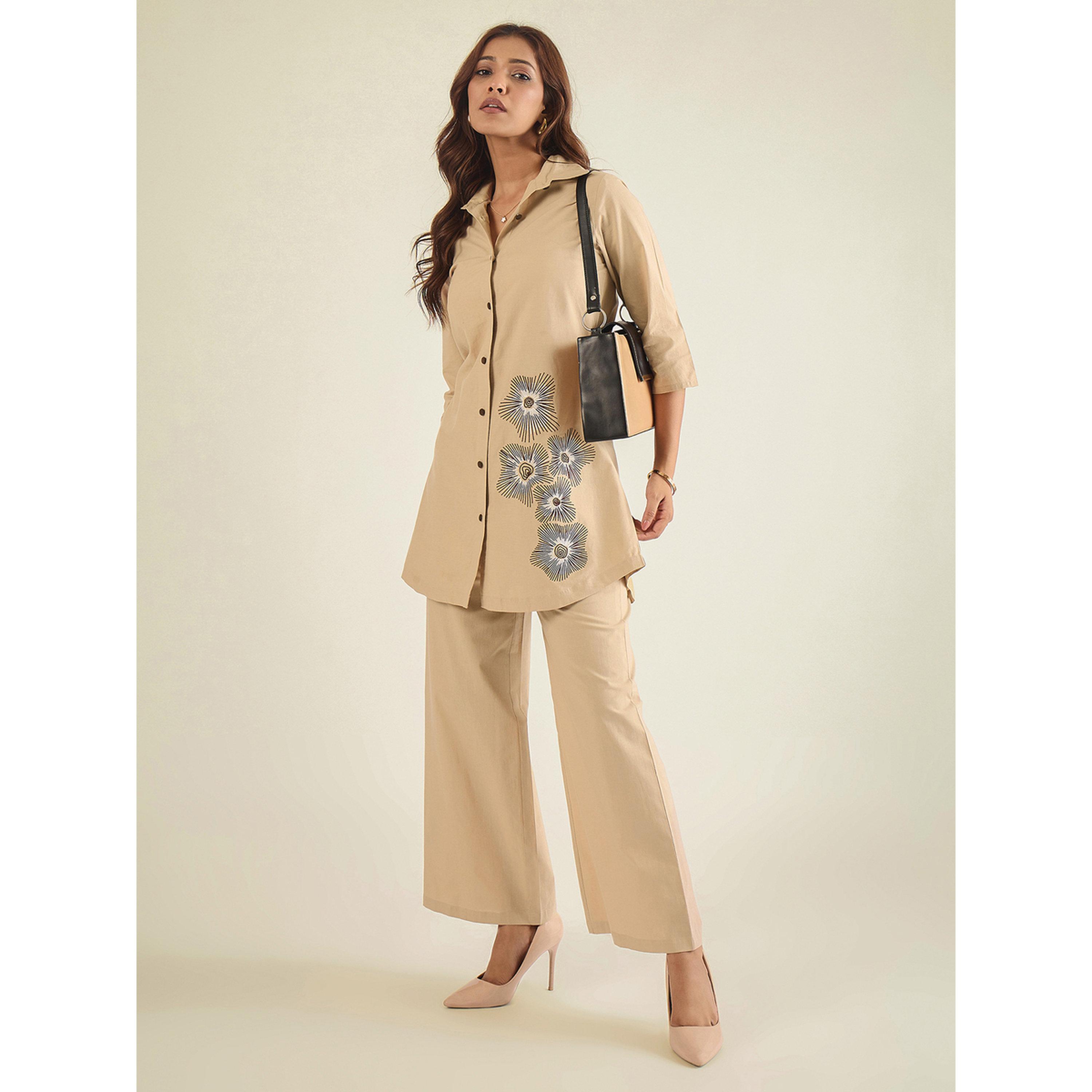 طقم منسق من بنطال وبلوزة طويلة مطرزة قطن-women-clothing-coordsets-image-1