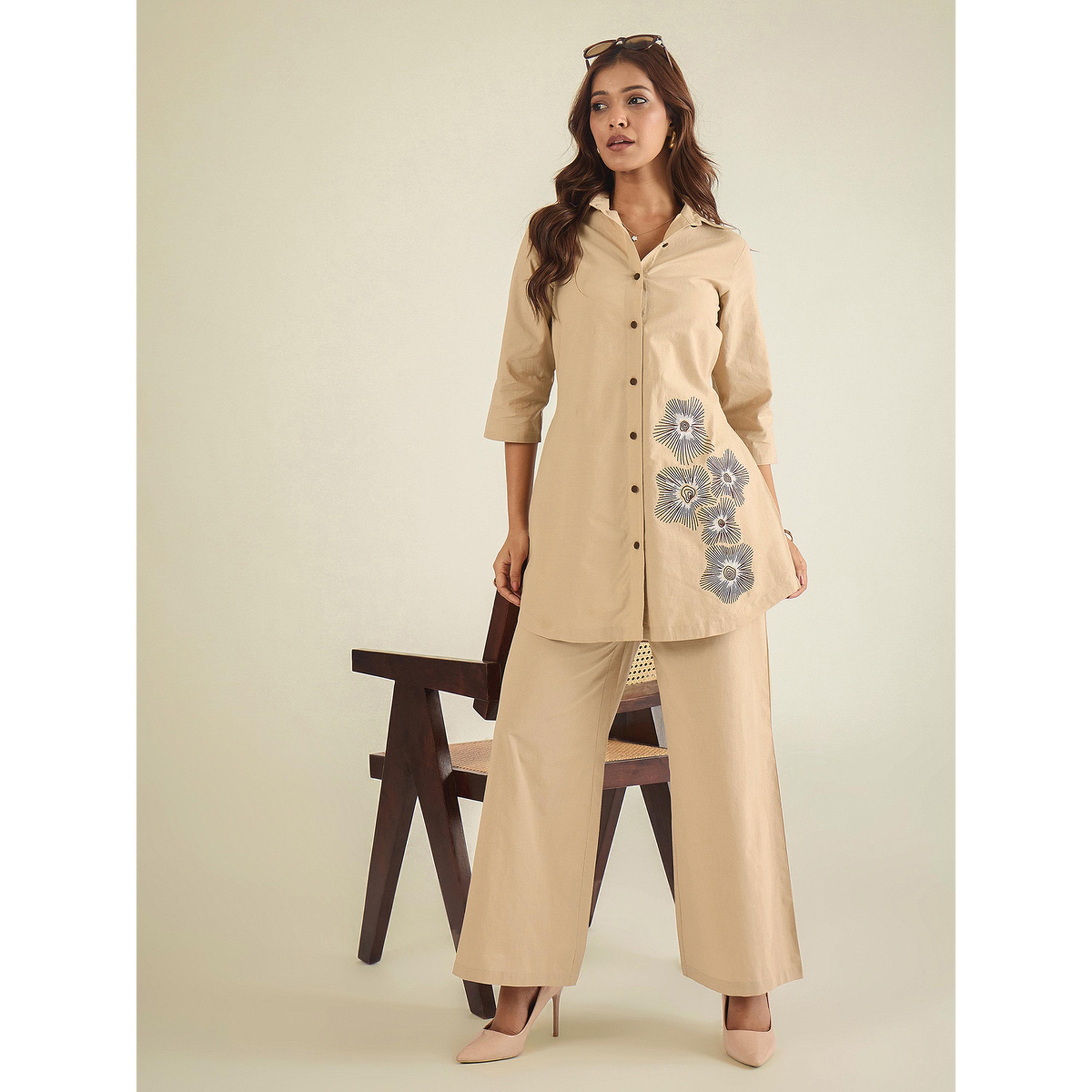 طقم منسق من بنطال وبلوزة طويلة مطرزة قطن-women-clothing-coordsets-image-2