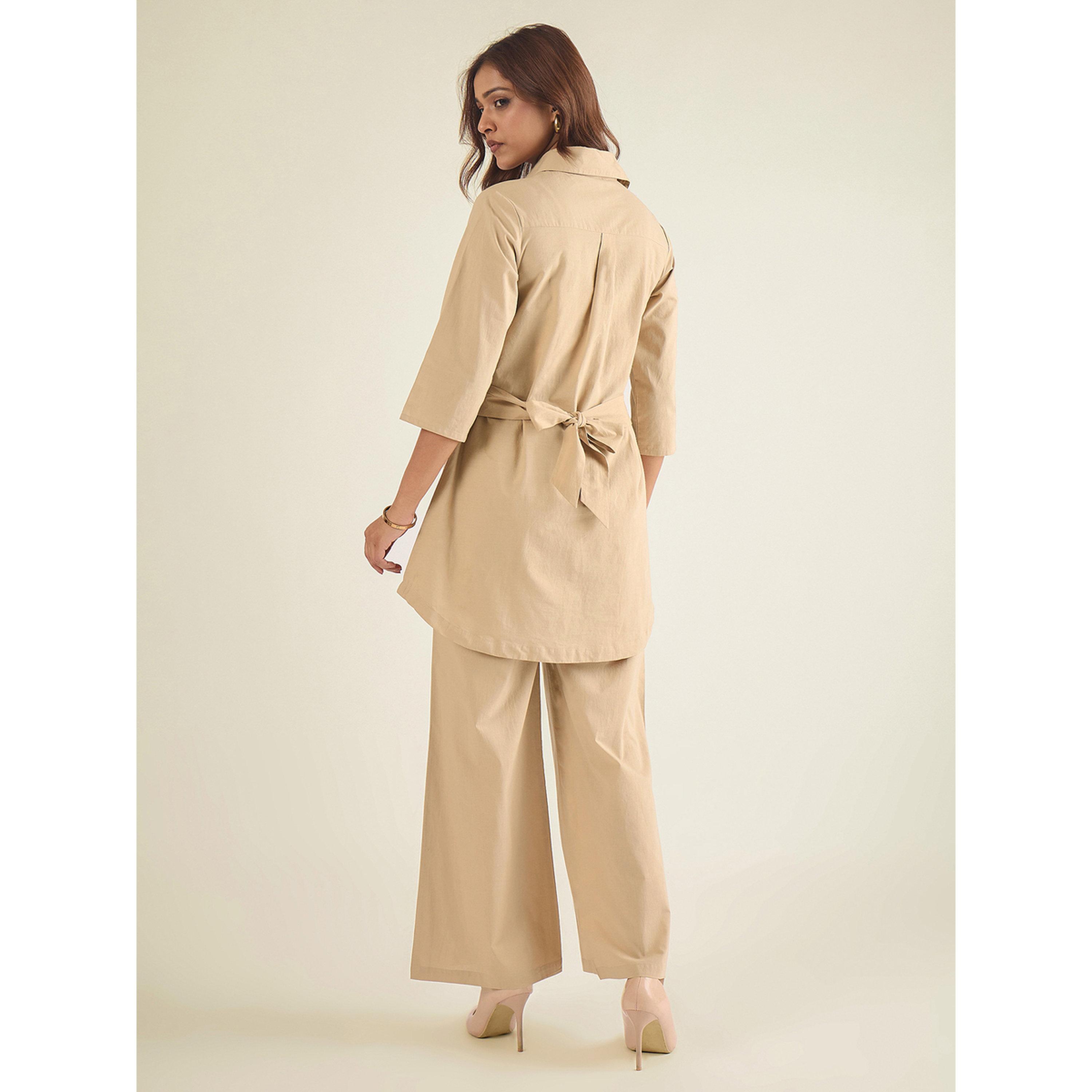 طقم منسق من بنطال وبلوزة طويلة مطرزة قطن-women-clothing-coordsets-image-3