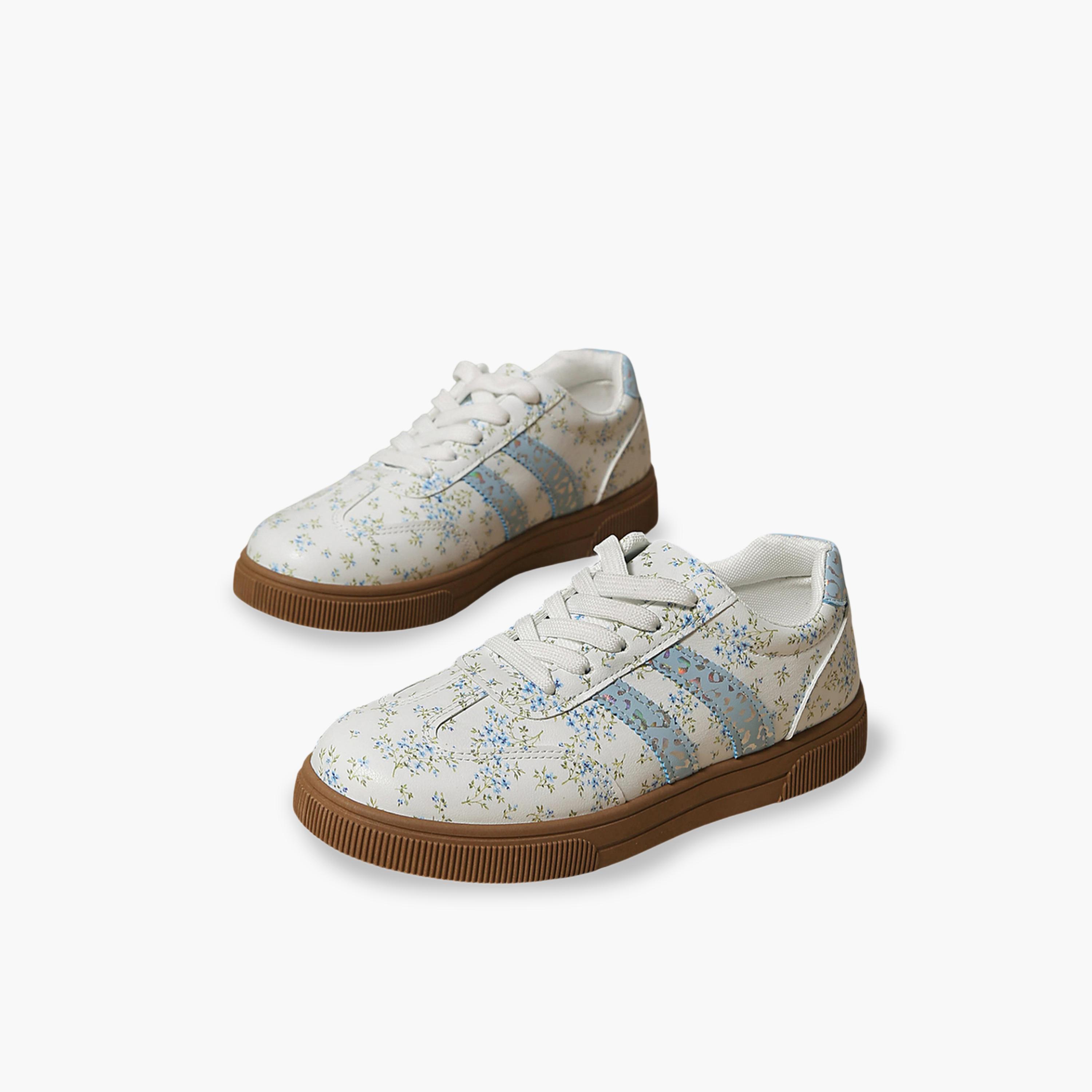 حذاء سنيكرز فلات برباط وطبعة زهور وخطوط باللون الأخضر الجرادي للنساء-women-shoes-sneakers-image-1