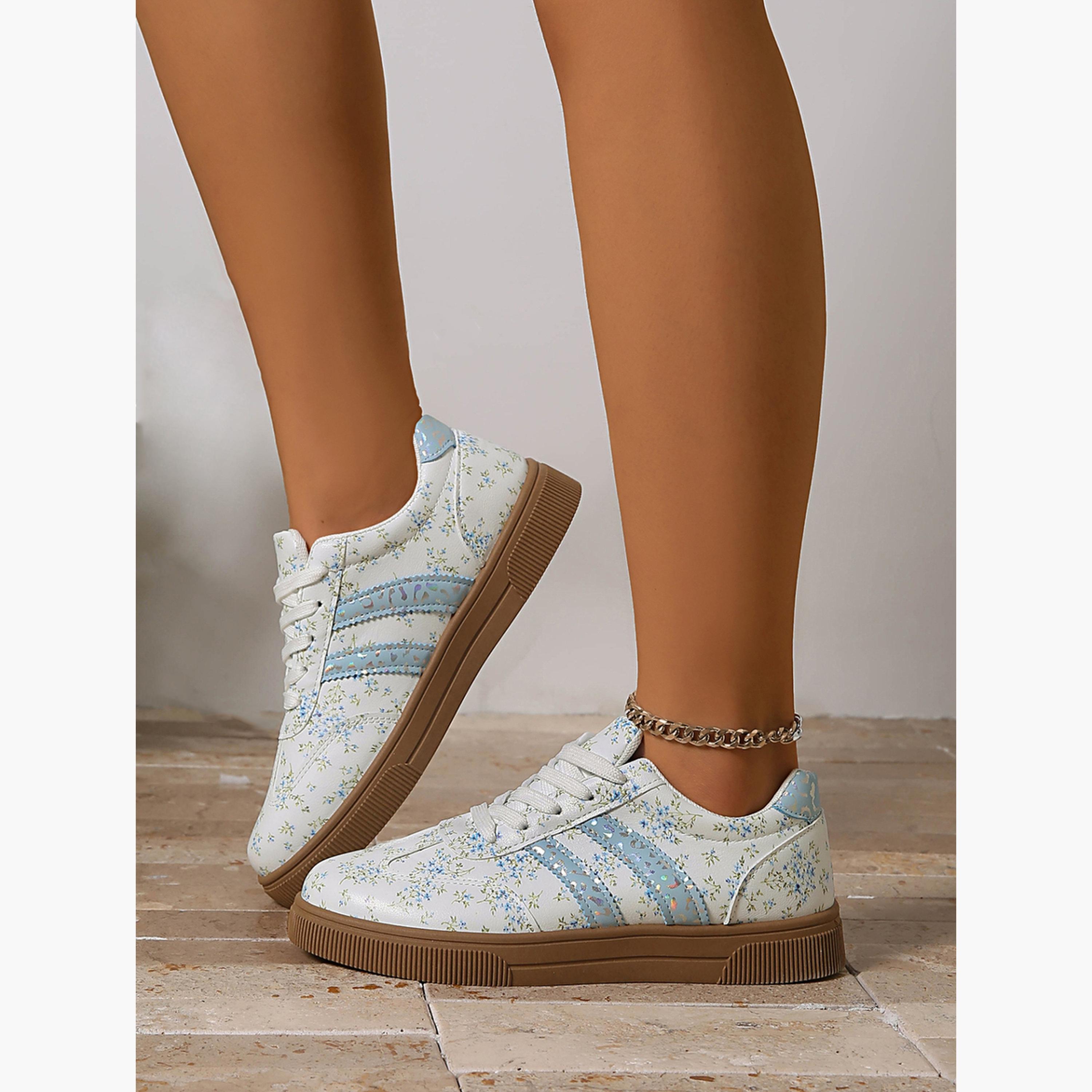 حذاء سنيكرز فلات برباط وطبعة زهور وخطوط باللون الأخضر الجرادي للنساء-women-shoes-sneakers-image-2