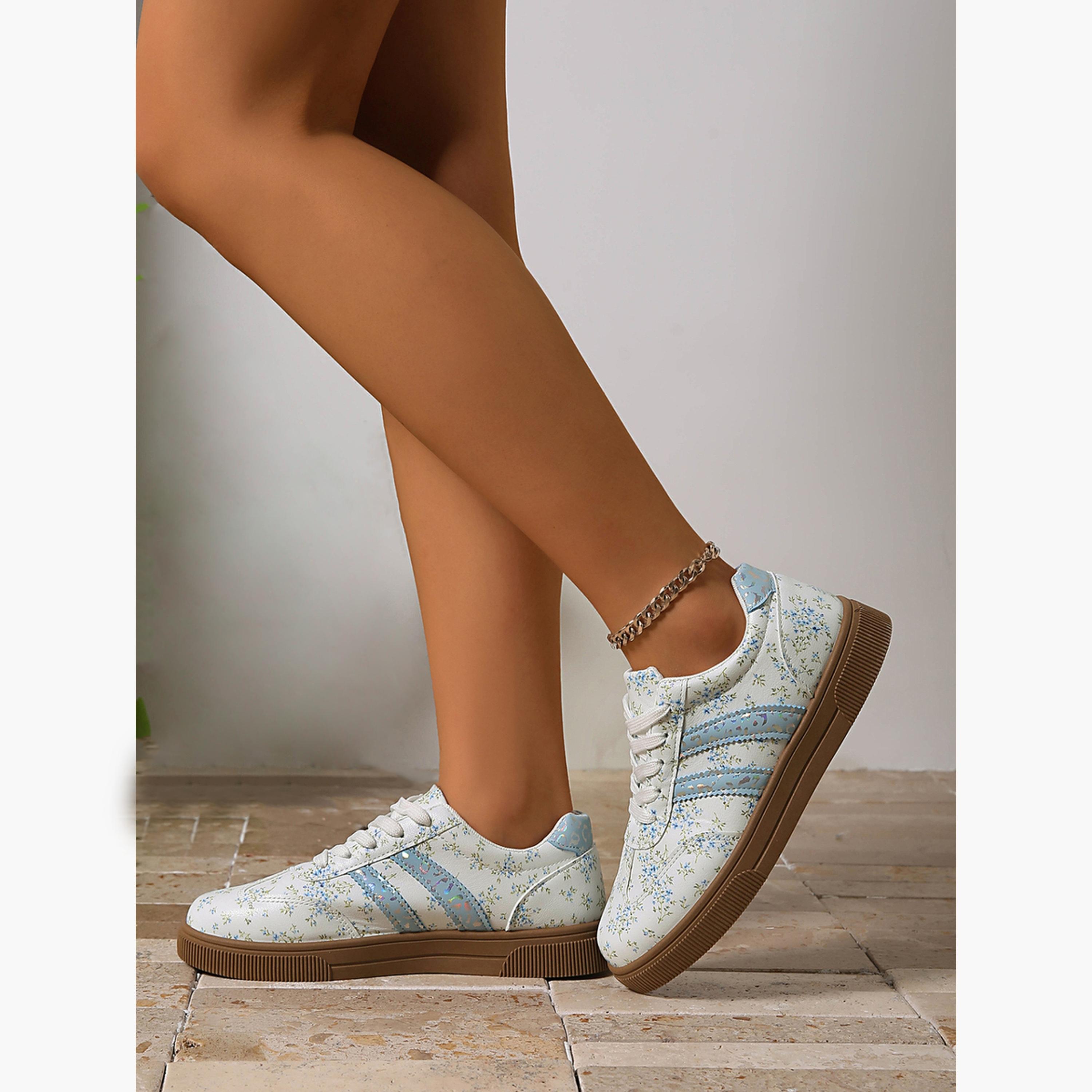 حذاء سنيكرز فلات برباط وطبعة زهور وخطوط باللون الأخضر الجرادي للنساء-women-shoes-sneakers-image-3