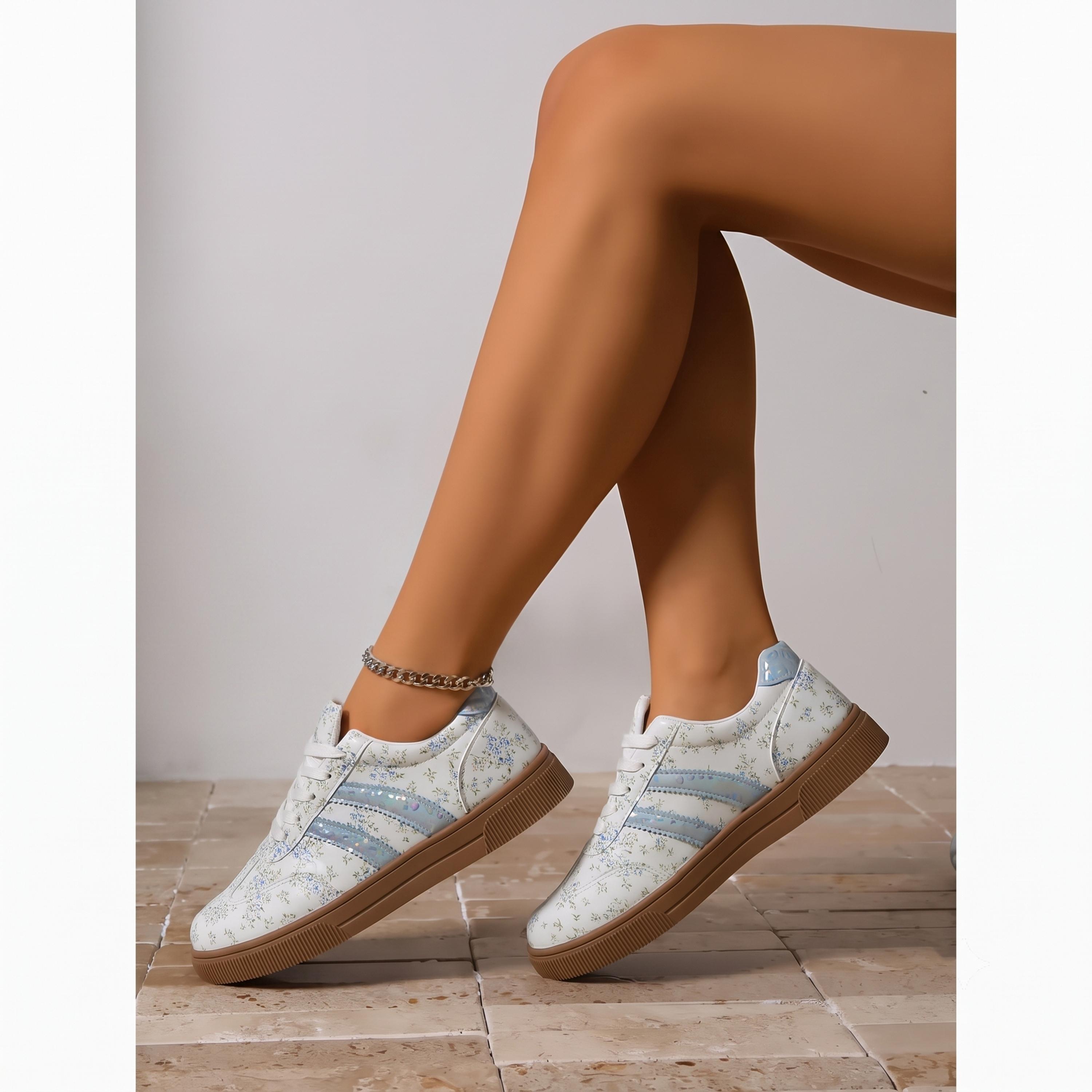 حذاء سنيكرز فلات برباط وطبعة زهور وخطوط باللون الأخضر الجرادي للنساء-women-shoes-sneakers-image-5