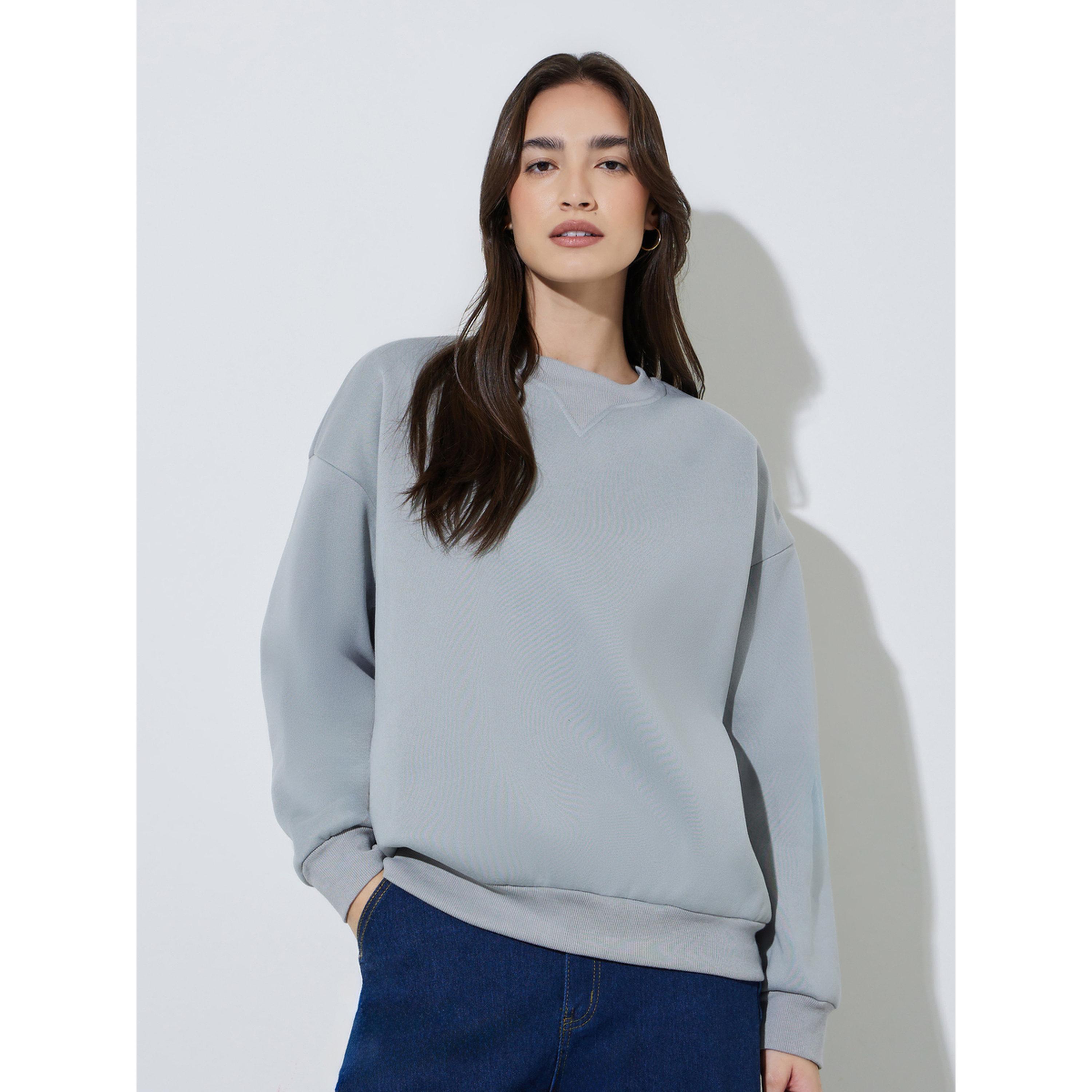 Styli Grey Solid Long Sleeves Oversized Sweatshirt-women-clothing-hoodiesandsweatshirts-sweatshirts-image-1